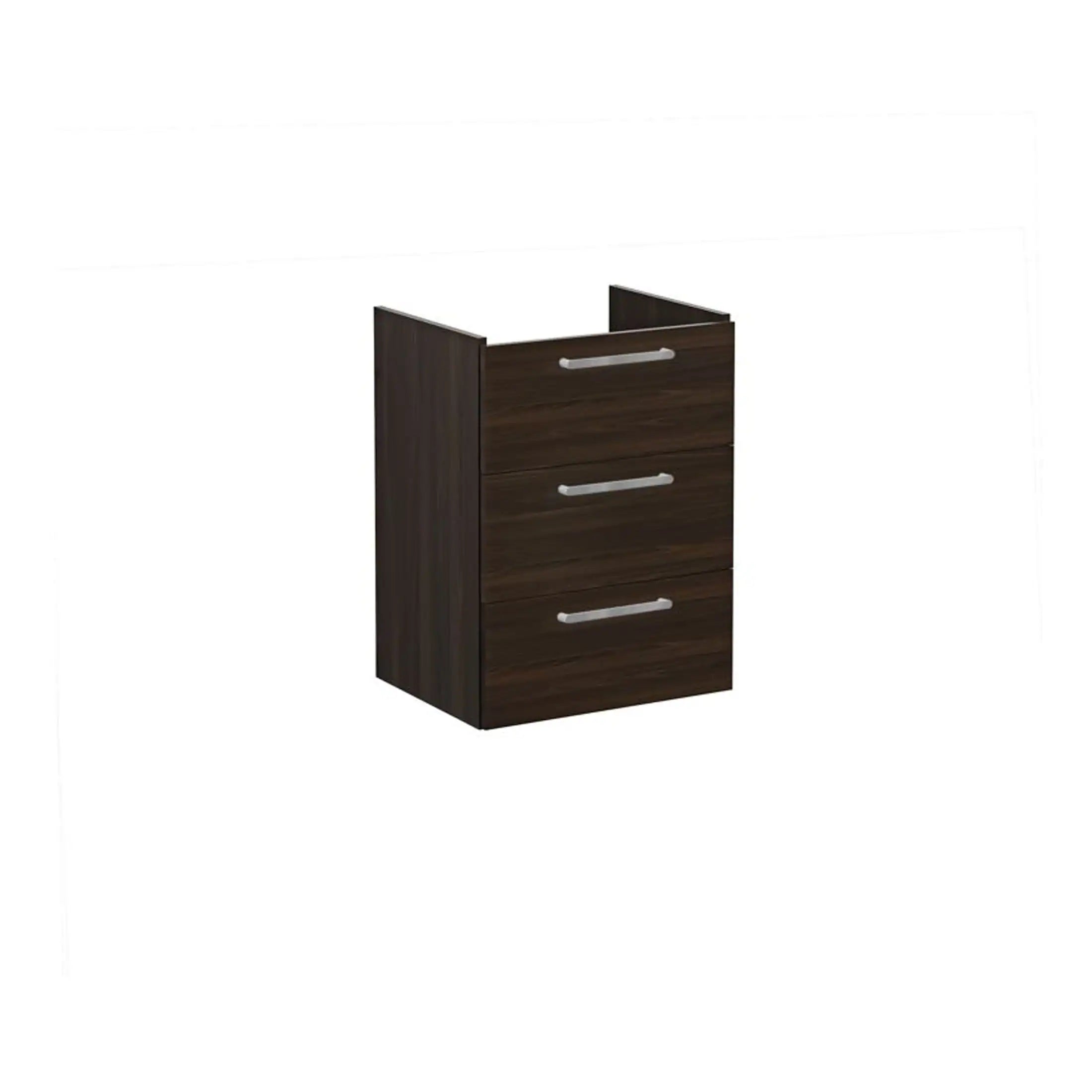 A dark wood bathroom vanity with three drawers and silver handles, designed for modern bathroom storage solutions.