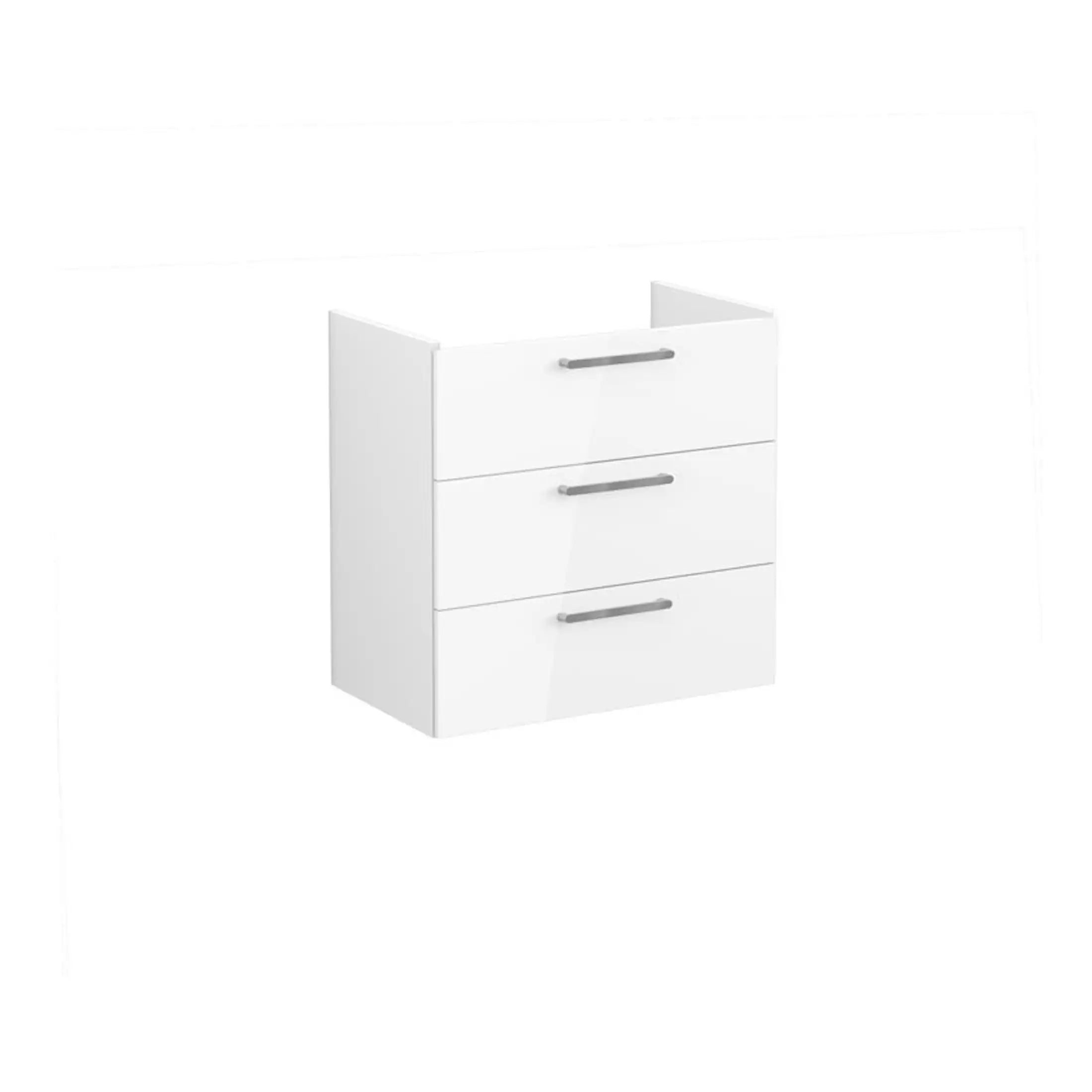 Modern white bathroom vanity cabinet with three drawers and sleek silver handles, ideal for contemporary bathroom storage solutions.