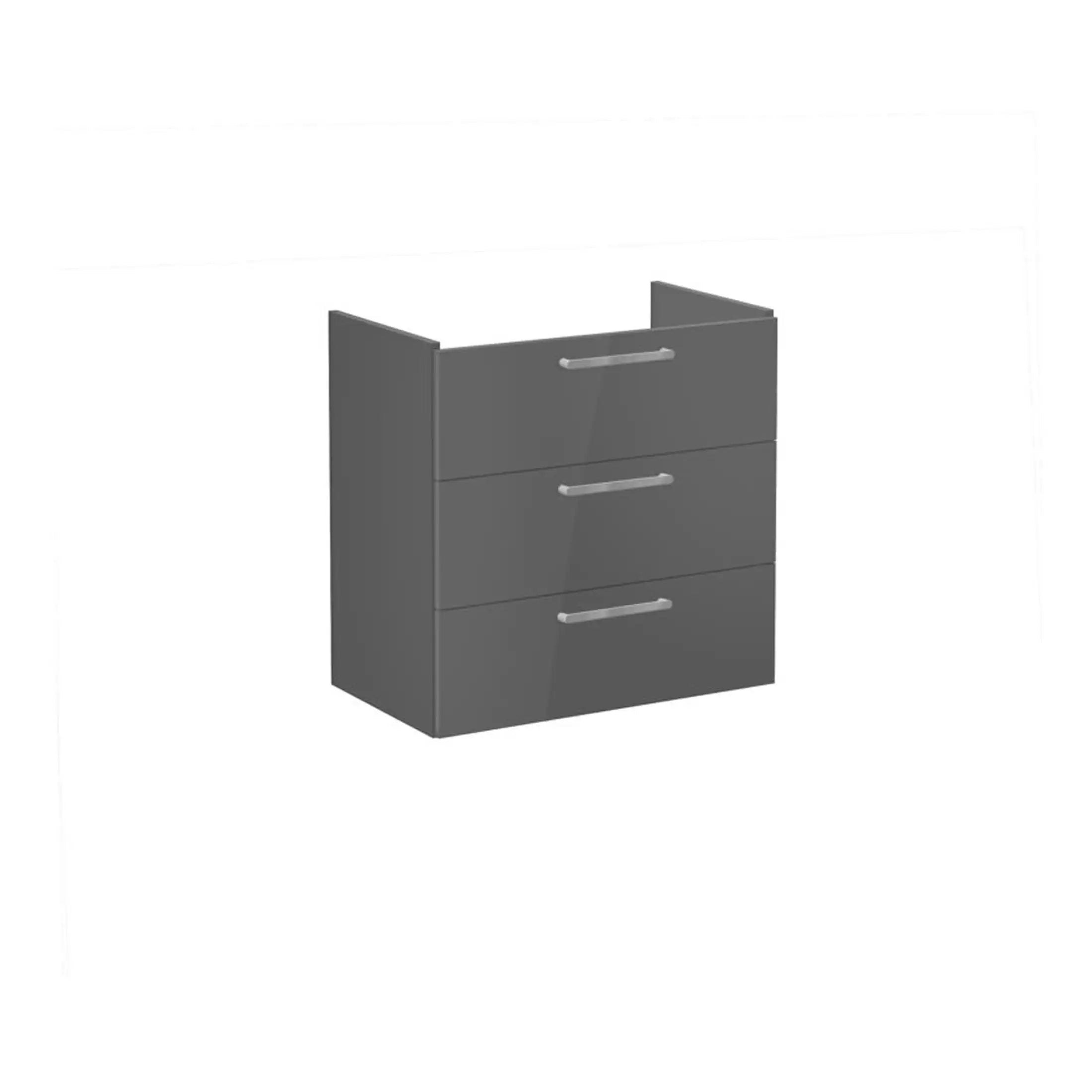Modern grey bathroom vanity with three drawers and sleek silver handles, perfect for contemporary bathroom storage solutions.