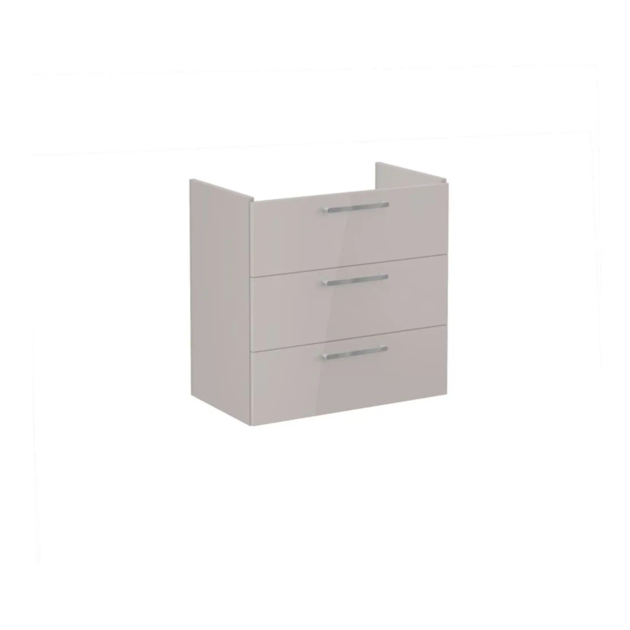 White bathroom storage cabinet with three drawers and silver handles, ideal for modern bathroom organisation, designed by Bubly Bathrooms, UK-based bathroom furniture supplier.
