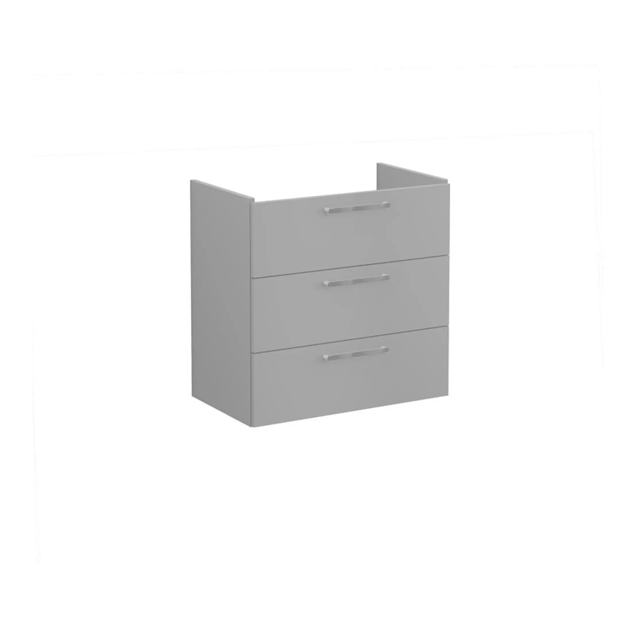 Contemporary grey bathroom vanity with three drawers, modern storage solution for bathroom organisation and decor. Perfect for stylish and functional bathroom design.