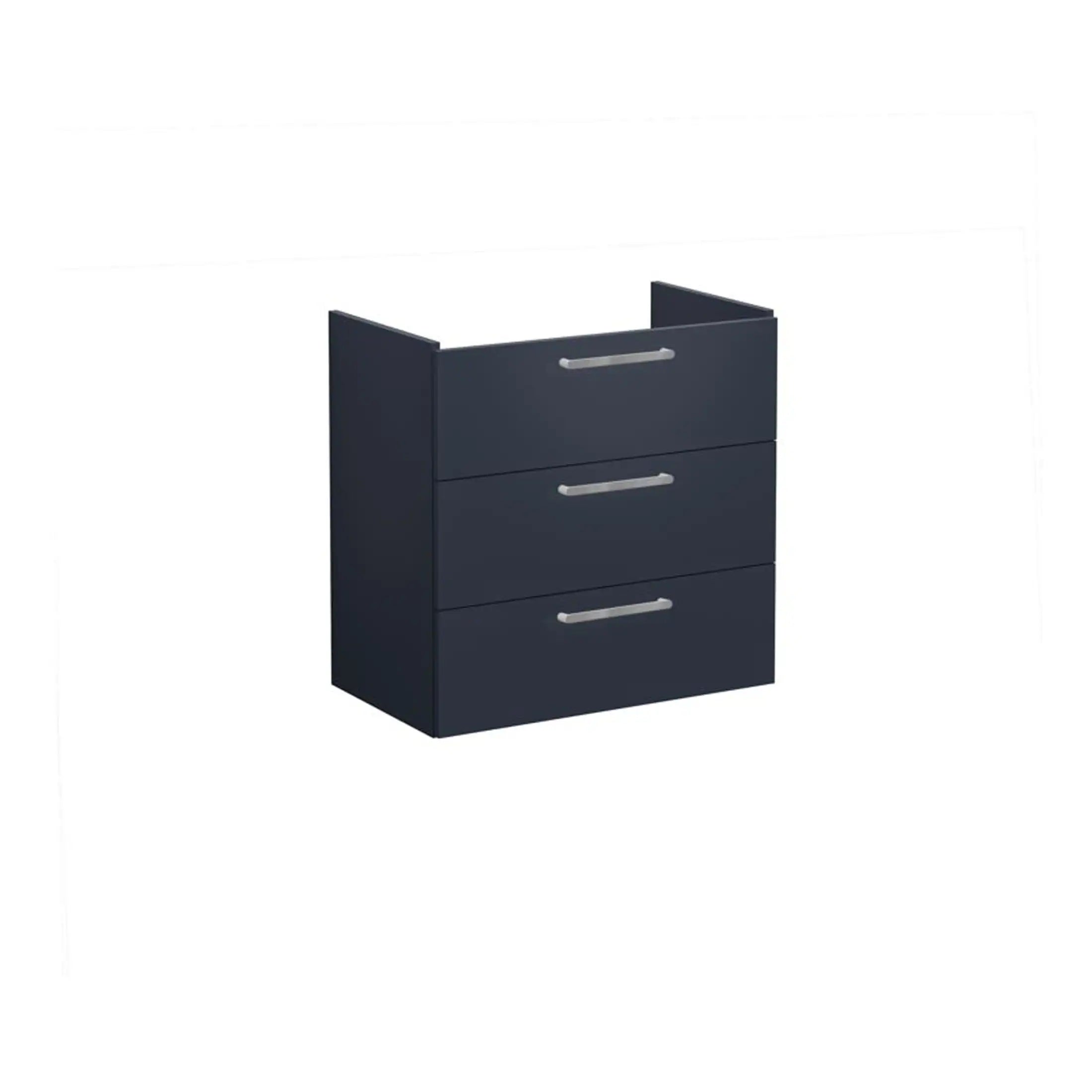 Contemporary navy blue bathroom storage unit with three drawers and metallic handles, designed by Bubly Bathrooms for stylish and functional bathroom organisation.