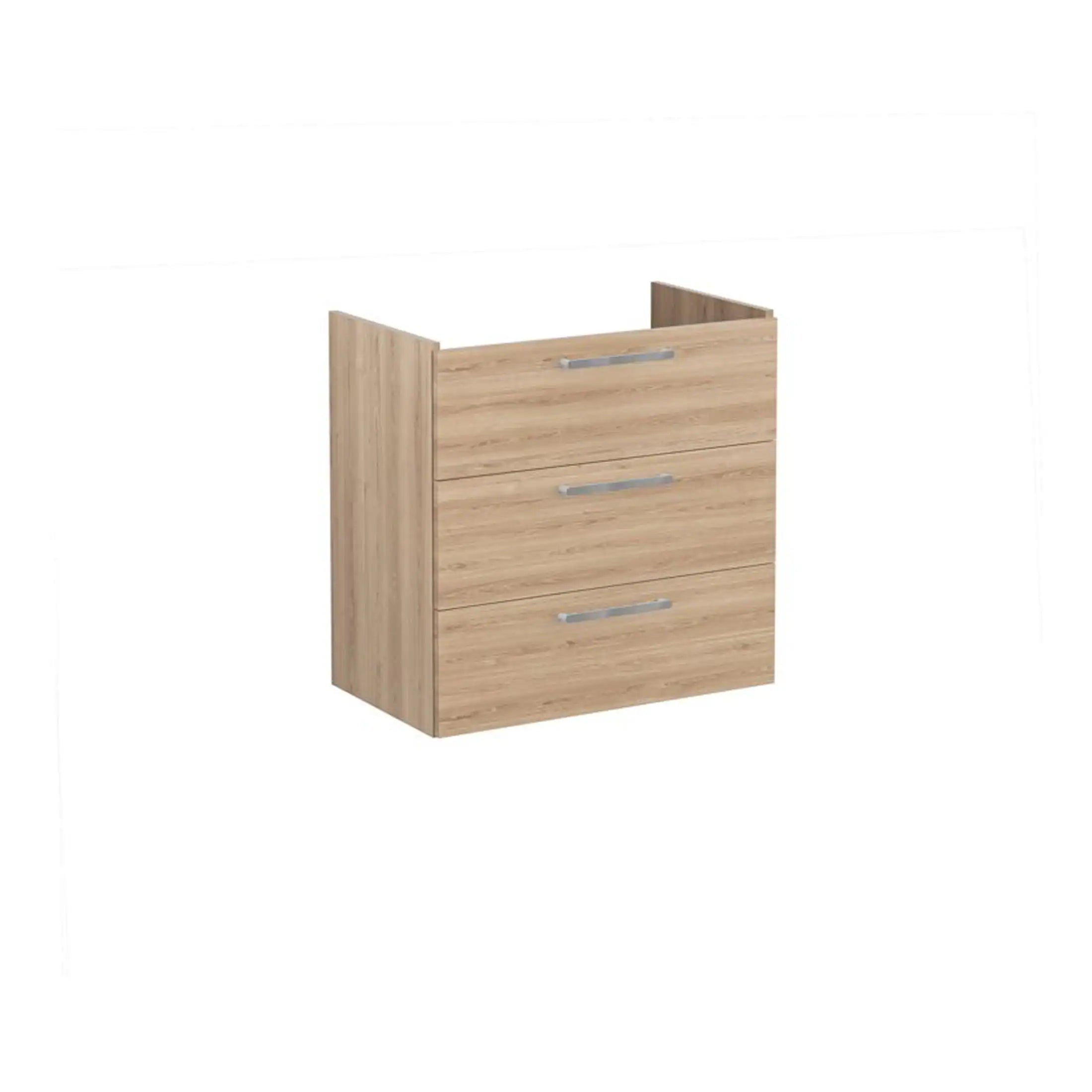 Wooden bathroom cabinet with three drawers and modern metallic handles, ideal for bathroom storage and organisation, from Bubly Bathrooms UK.