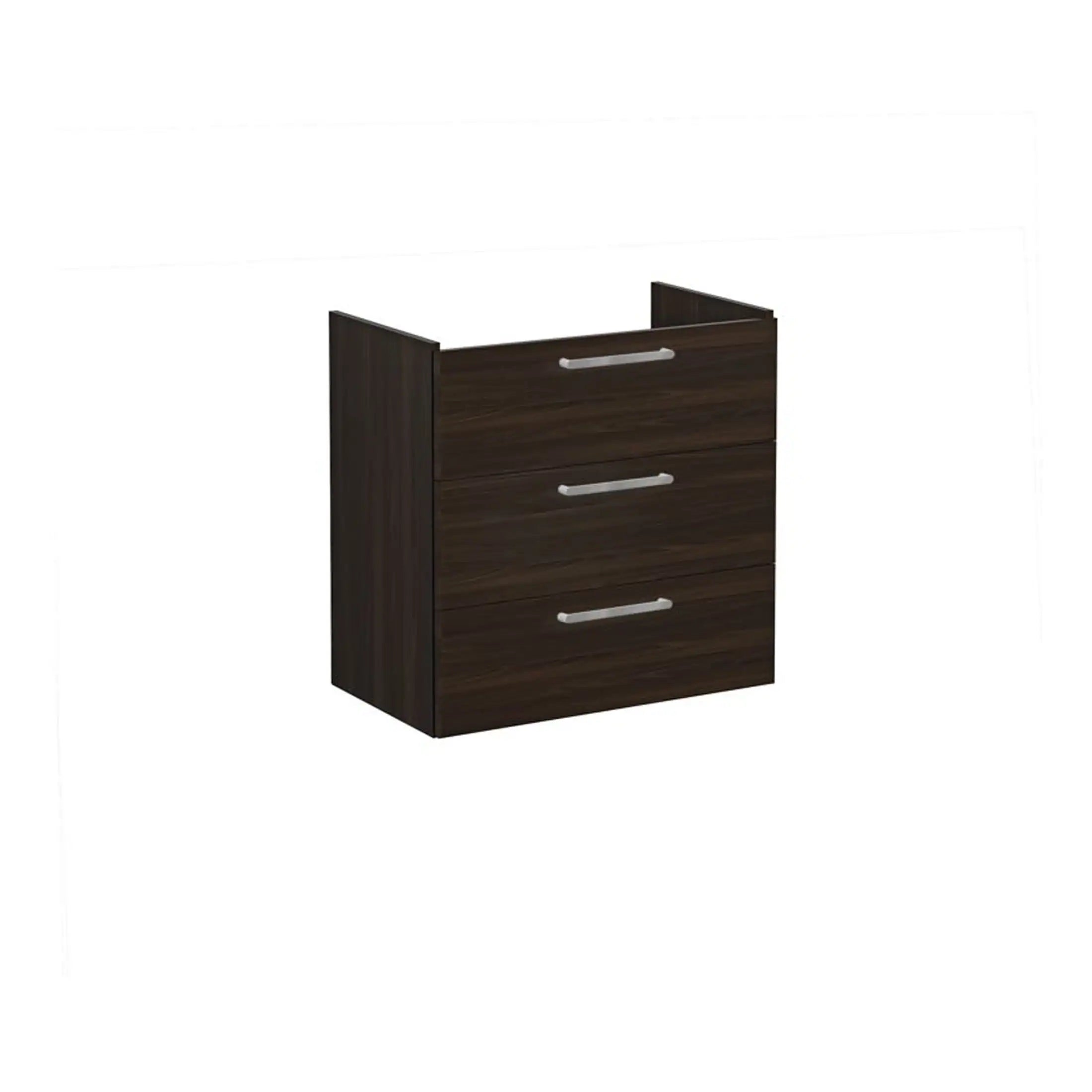 Sleek dark wood bathroom drawer unit with three spacious drawers and modern silver handles, ideal for stylish bathroom storage and organisation.