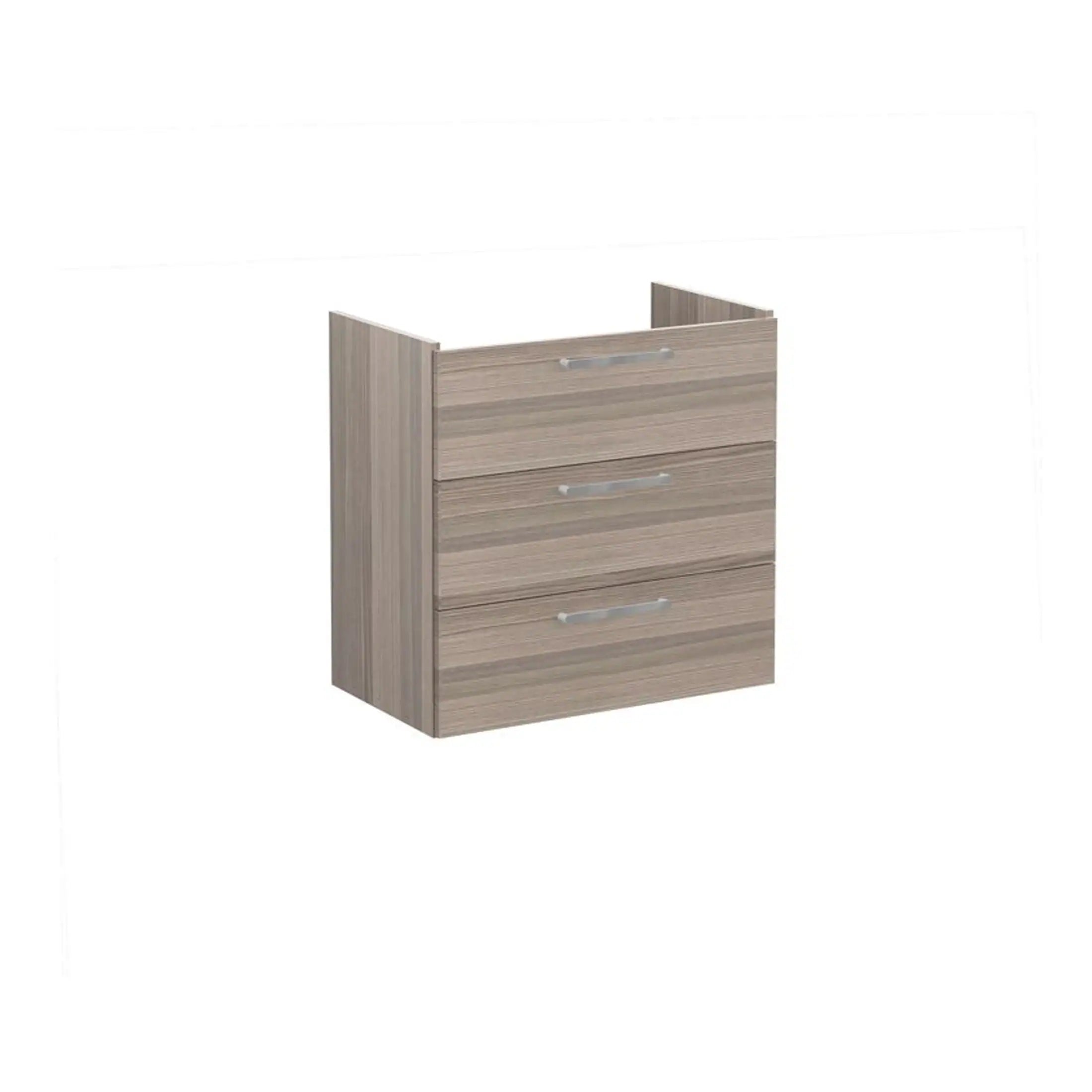 Sliding bathroom vanity unit with 3 drawers in wood finish, ideal for modern bathrooms. Space-saving storage solution for toiletries and accessories, from Bubly Bathrooms.