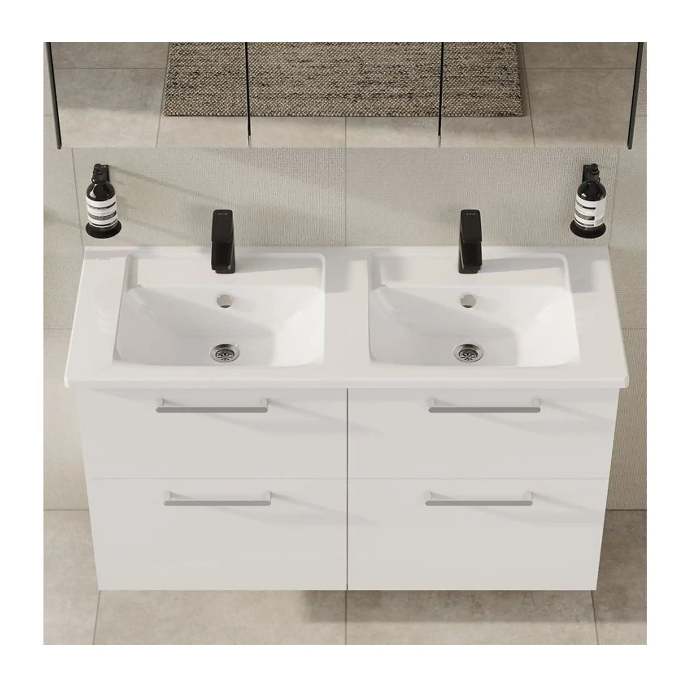Double modern white bathroom vanity with two sinks, black taps, and a mirrored backsplash, ideal for contemporary bathroom designs and space optimisation.