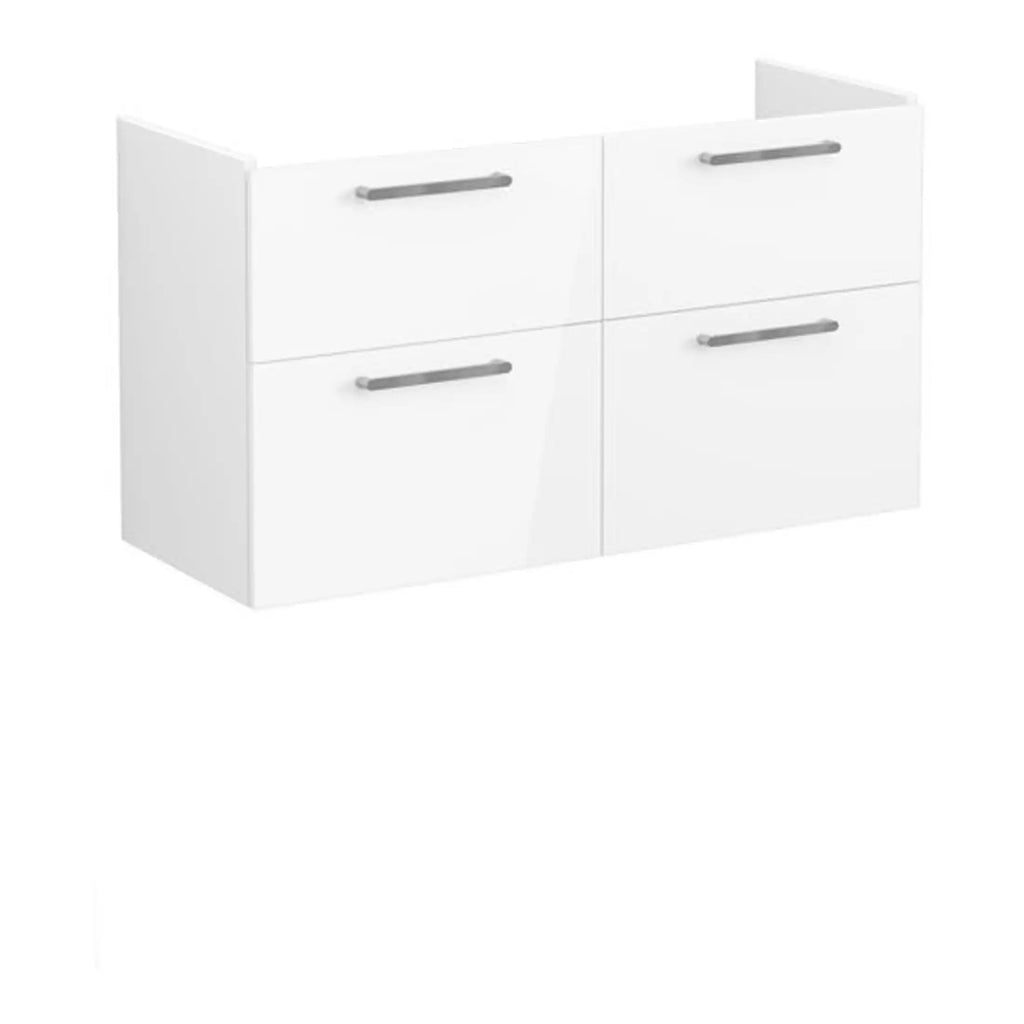 White bathroom vanity cabinet with four drawers and modern silver handles.