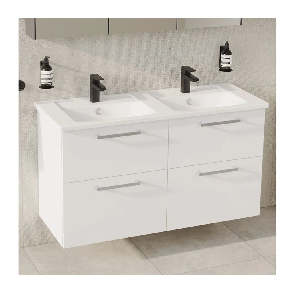 Modern double bathroom vanity unit with white finish, two sinks, black taps, and ample storage drawers, ideal for contemporary bathroom interiors.