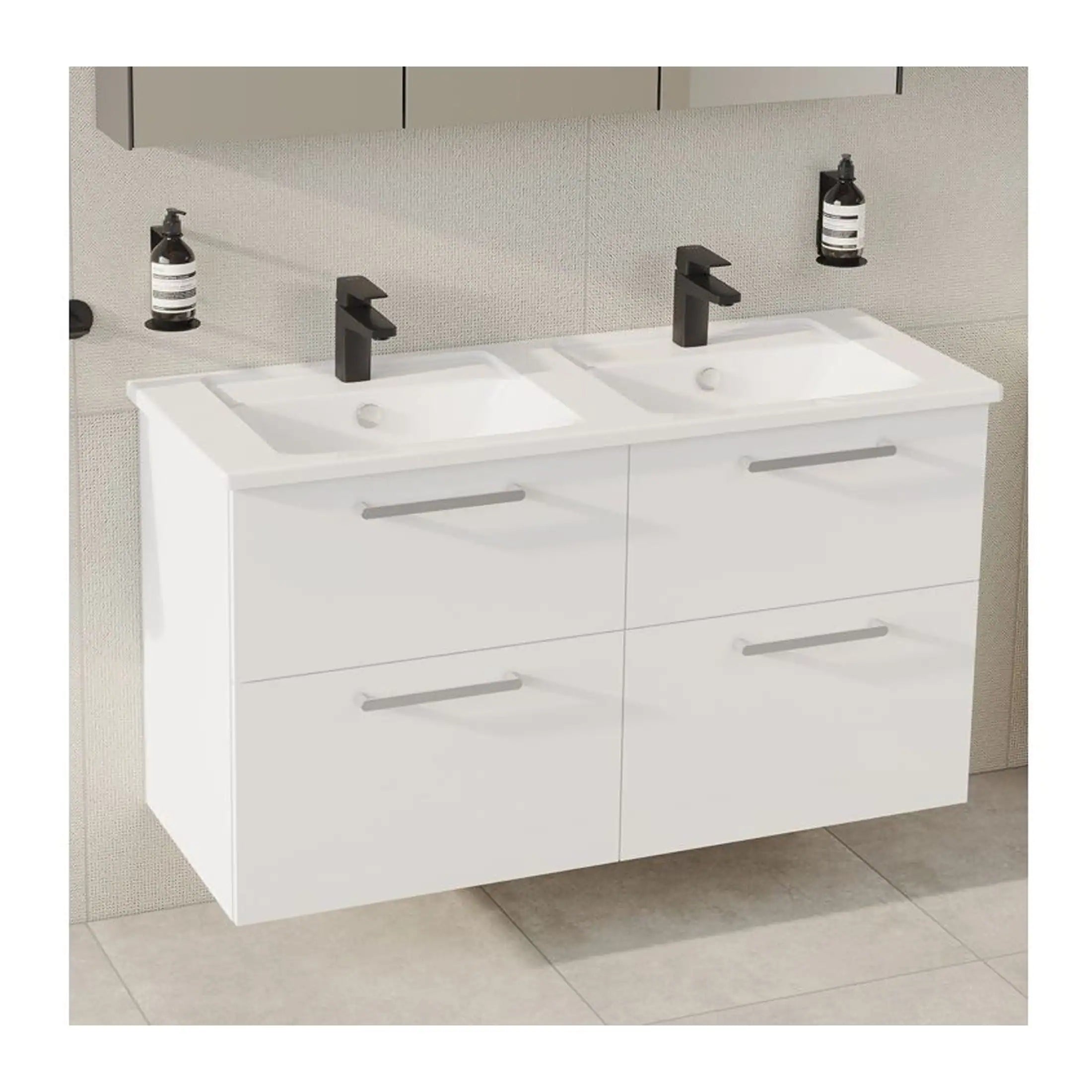 Modern double bathroom vanity unit with white finish, two sinks, black taps, and ample storage drawers, ideal for contemporary bathroom interiors.