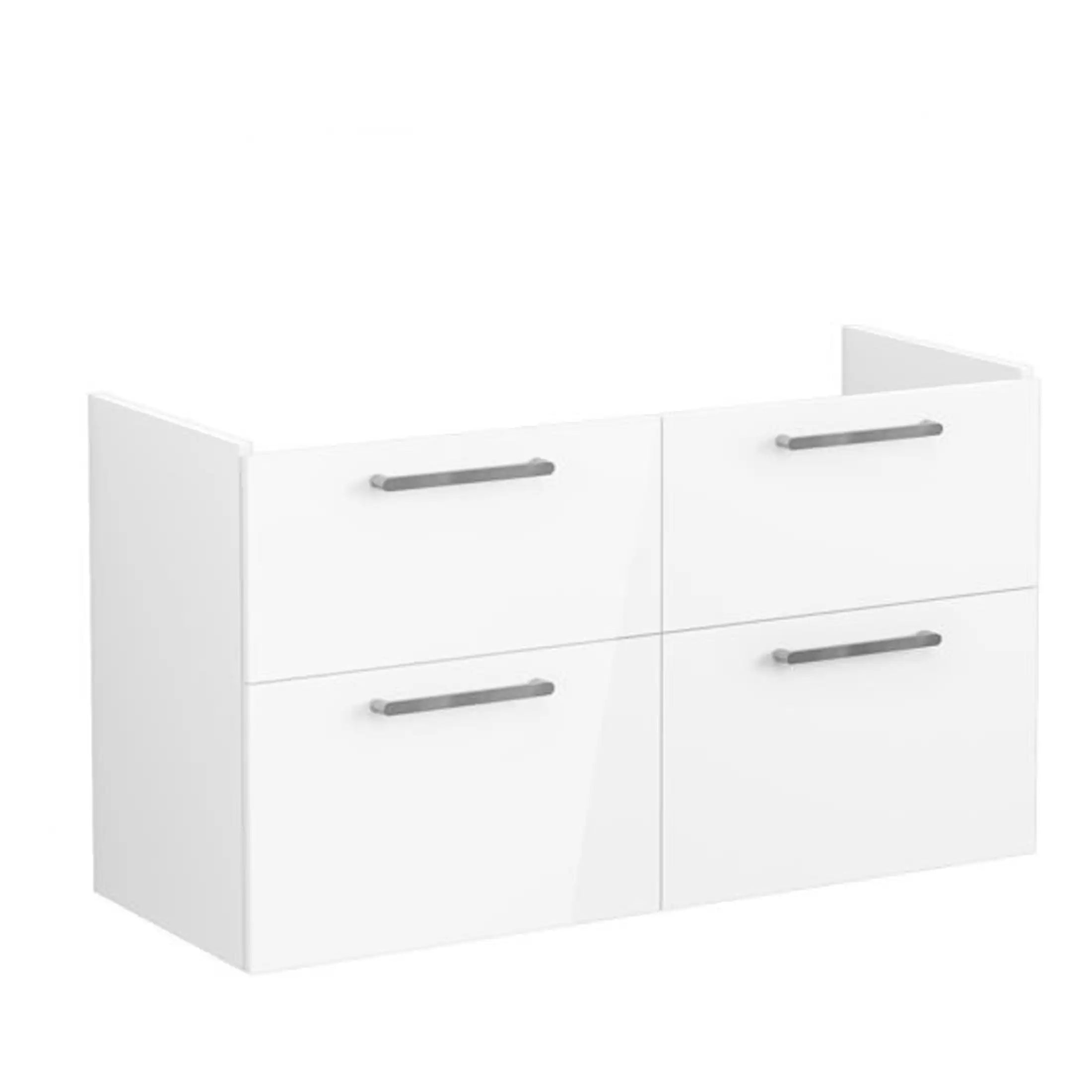 Sleek white bathroom cabinet with four drawers and modern grey handles, ideal for bathroom storage. Designed by Bubly Bathrooms for stylish and functional organisation.