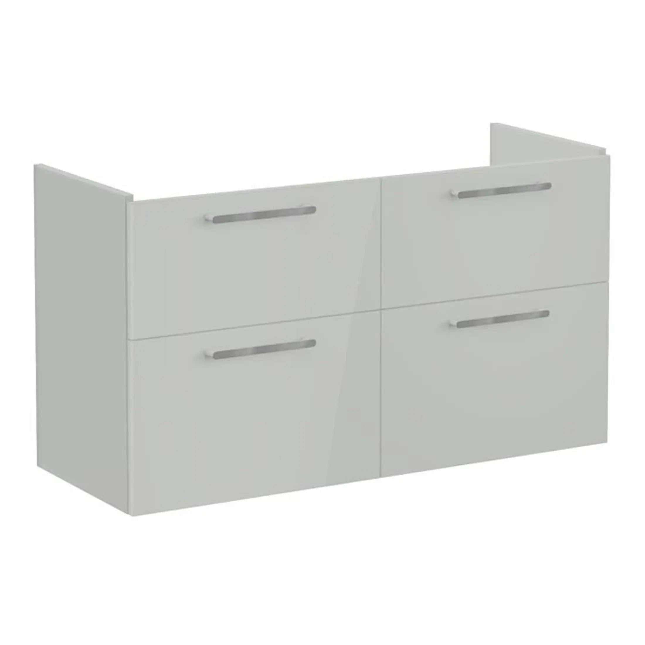 Sleek white bathroom vanity with four storage drawers, modern brushed metal handles, ideal for organising bathroom essentials and creating a clean, minimalist look.