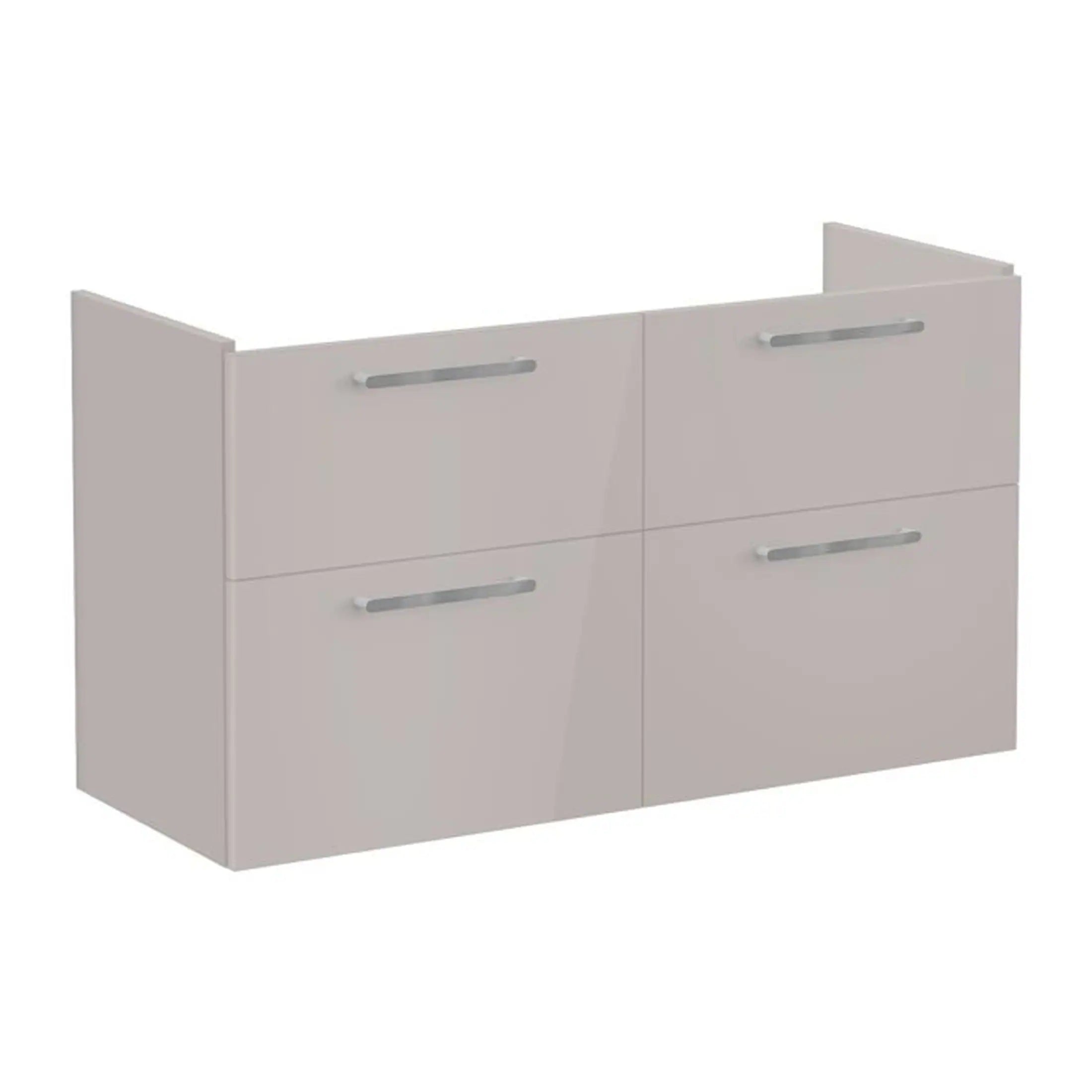 Modern white bathroom vanity with four sleek drawers and silver handles, perfect for bathroom storage and organisation. Perfect for contemporary bathroom designs.