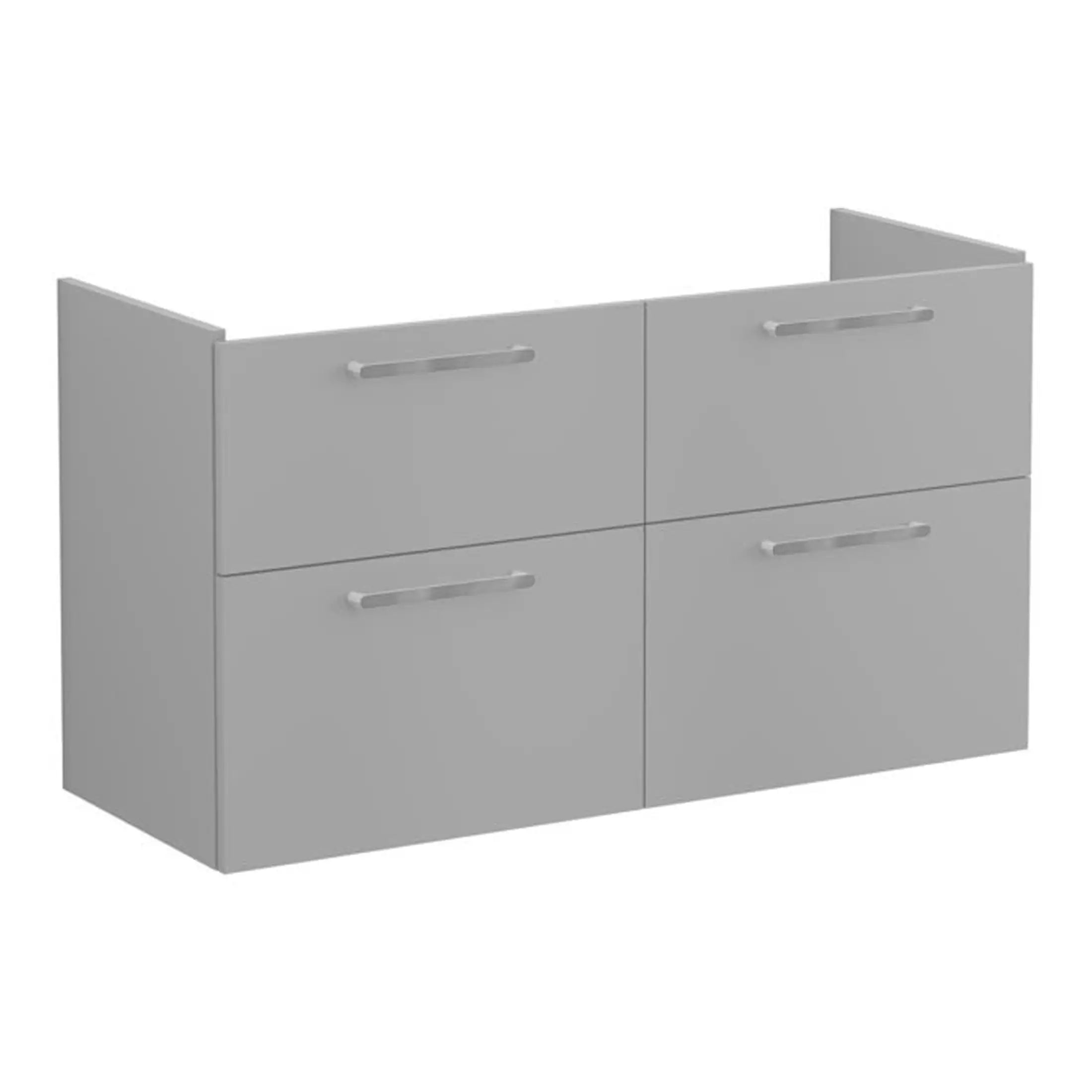 Modern grey bathroom vanity unit with four drawers and sleek handles, ideal for contemporary bathroom storage solutions.