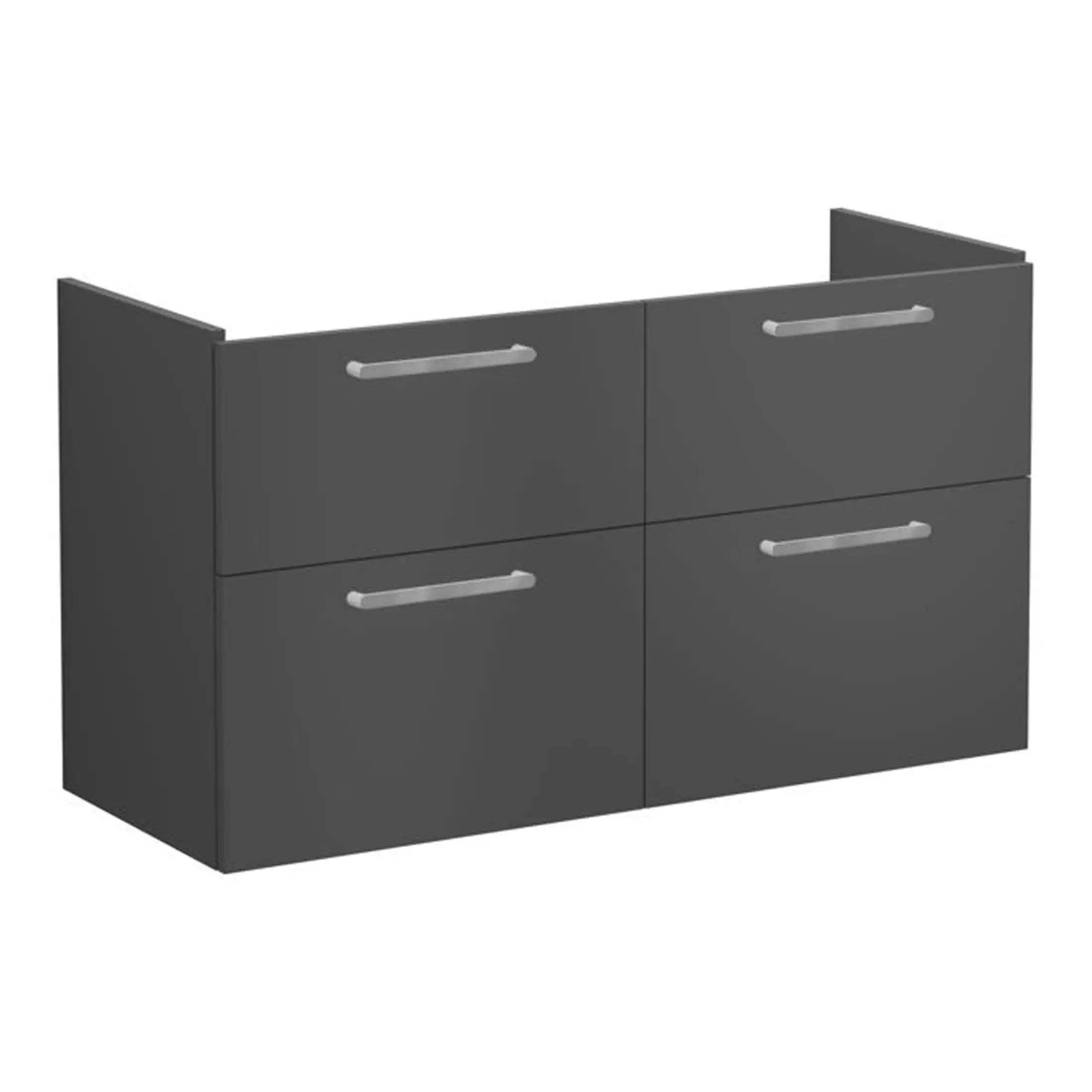 Modern dark grey bathroom vanity unit with four drawers and silver handles, ideal for contemporary bathroom storage solutions.