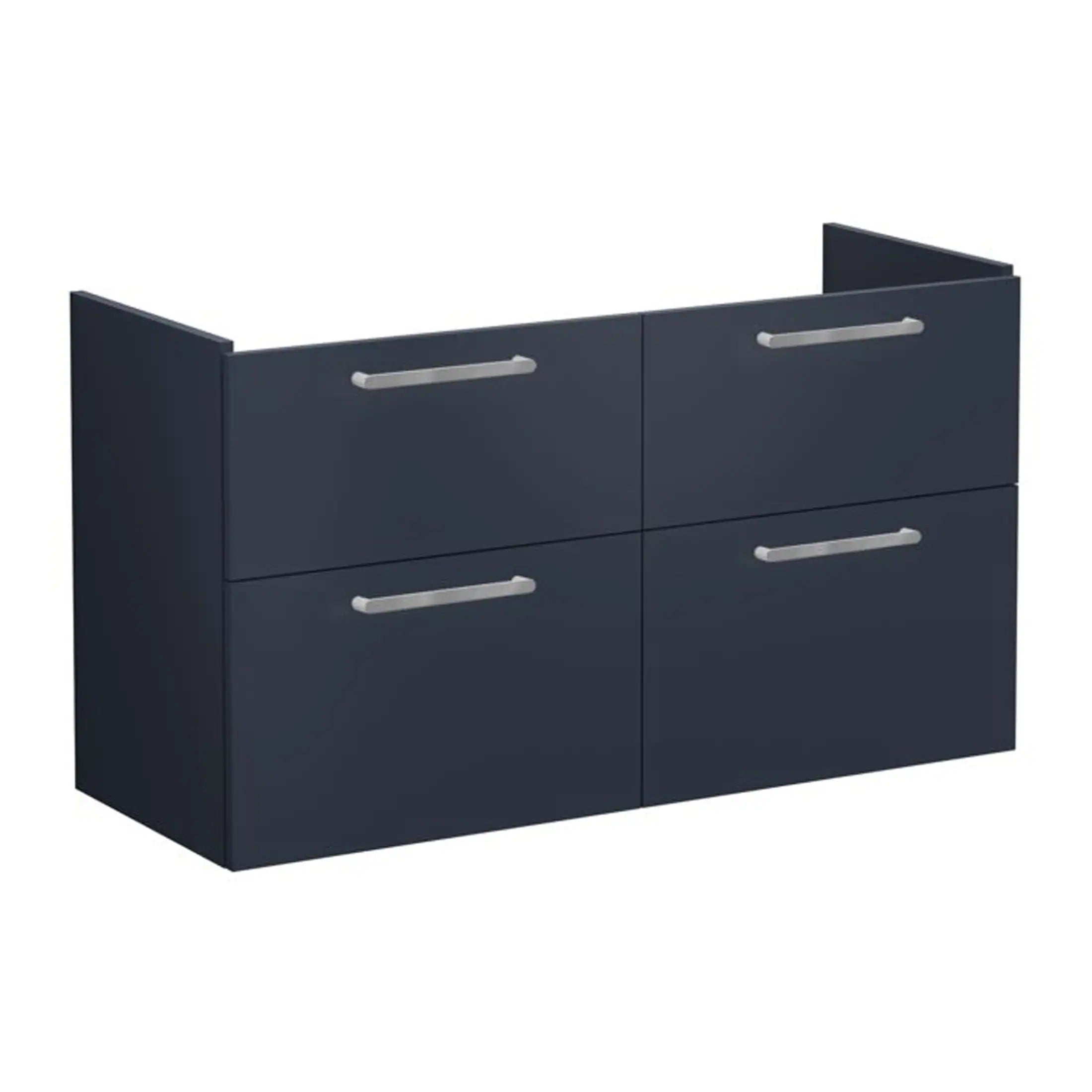 Modern navy blue bathroom vanity unit with four drawers and sleek silver handles, ideal for bathroom storage and modern bathroom design.