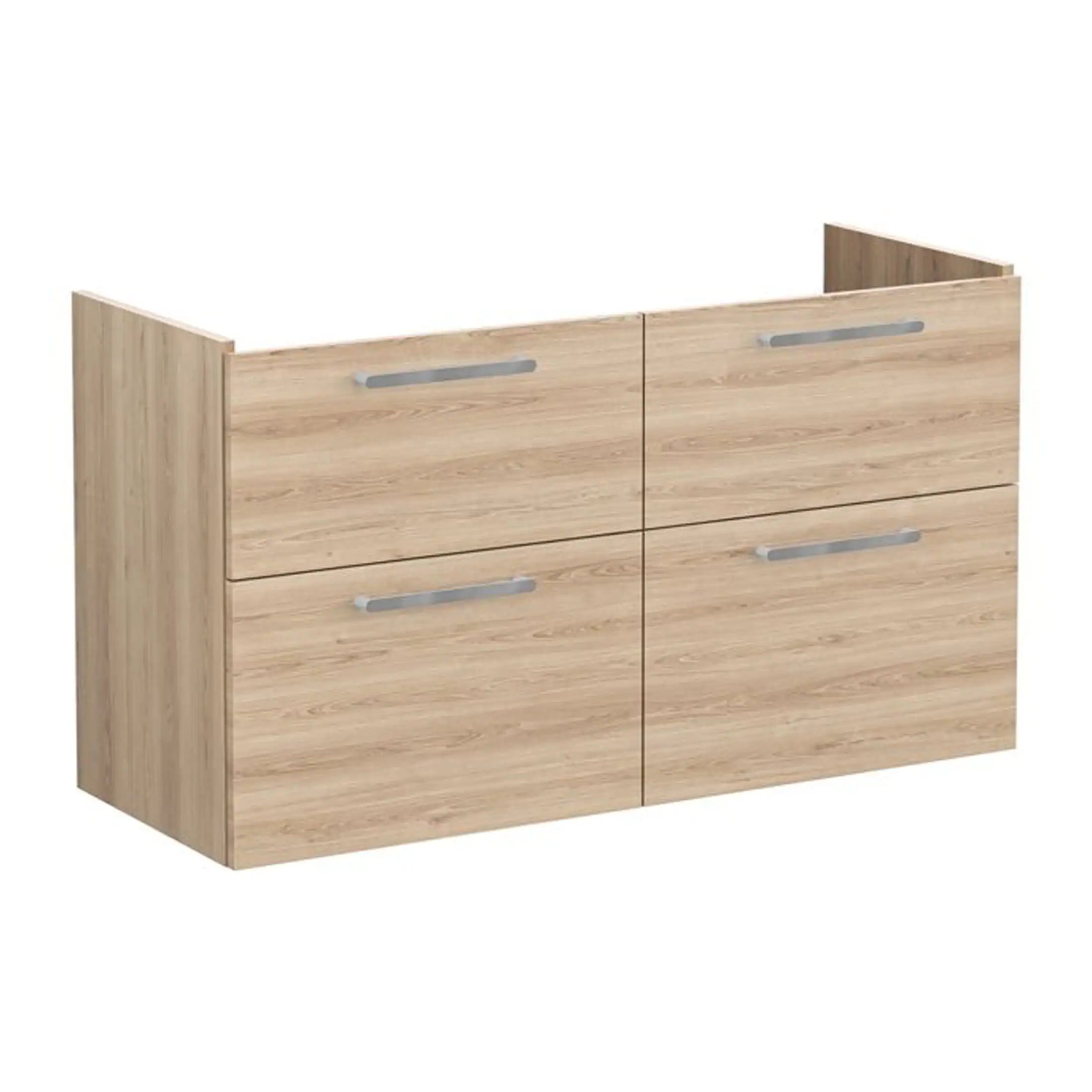 Light oak bathroom cabinet with four drawers and sleek silver handles, ideal for modern bathroom storage. Durable wood finish, perfect for organising bathroom essentials in style.