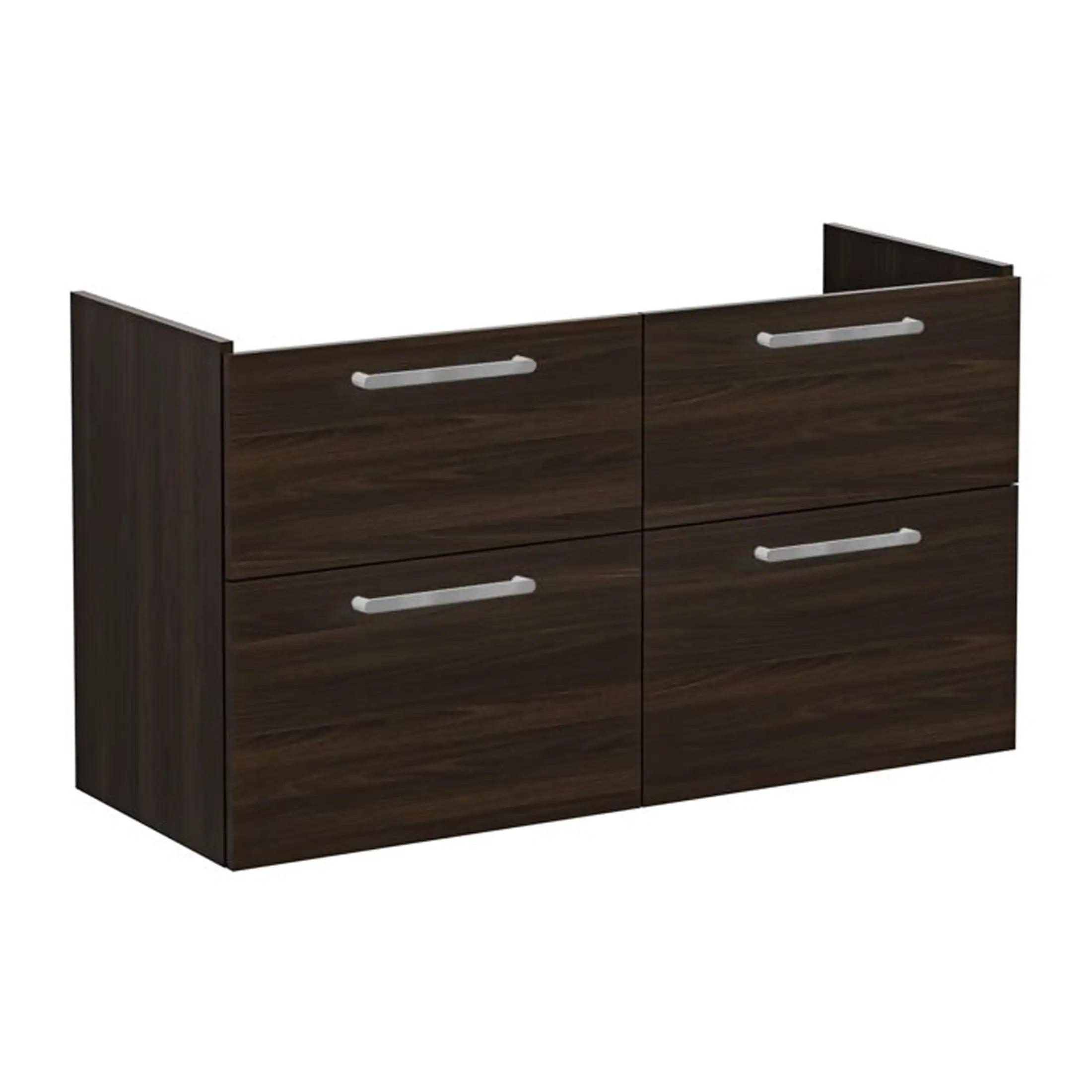 Contemporary dark wood bathroom vanity unit with four drawers, silver handles, ideal for modern bathroom cabinetry and storage solutions.
