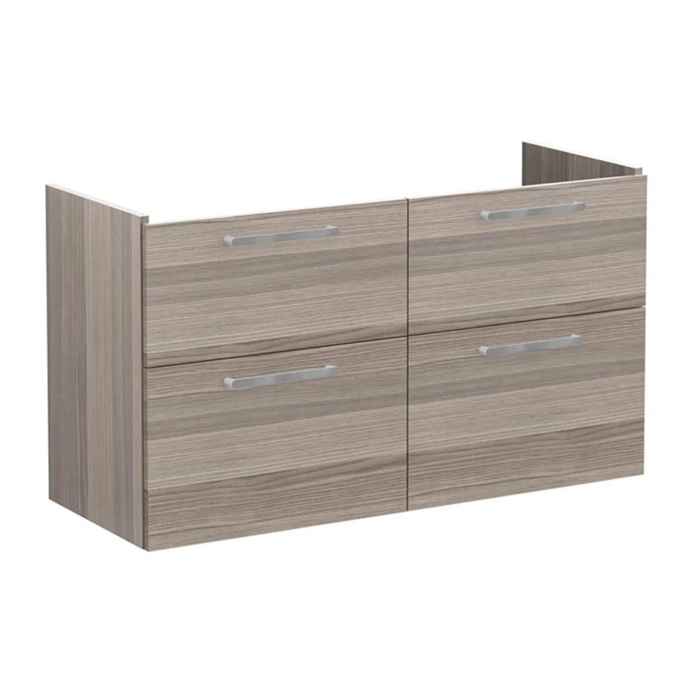 Contemporary wooden bathroom vanity unit with sleek silver handles, ideal for modern bathroom storage and style. Crafted from durable wood laminate in a natural finish, perfect for efficient organisation.