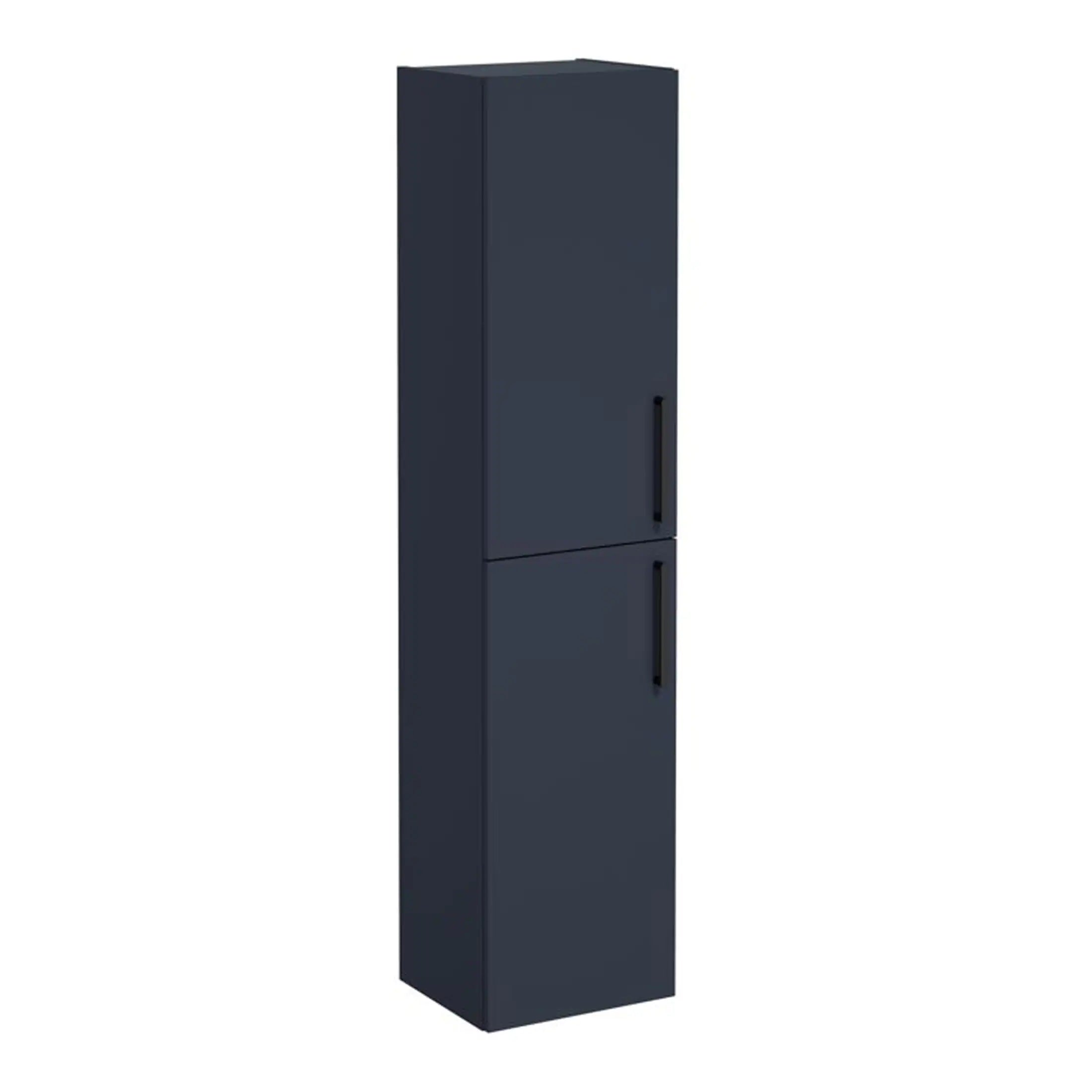 Storage cabinet for bathroom and bedroom, modern navy blue tall slim fitted cupboard, minimalist design, versatile storage solution for home organisation.