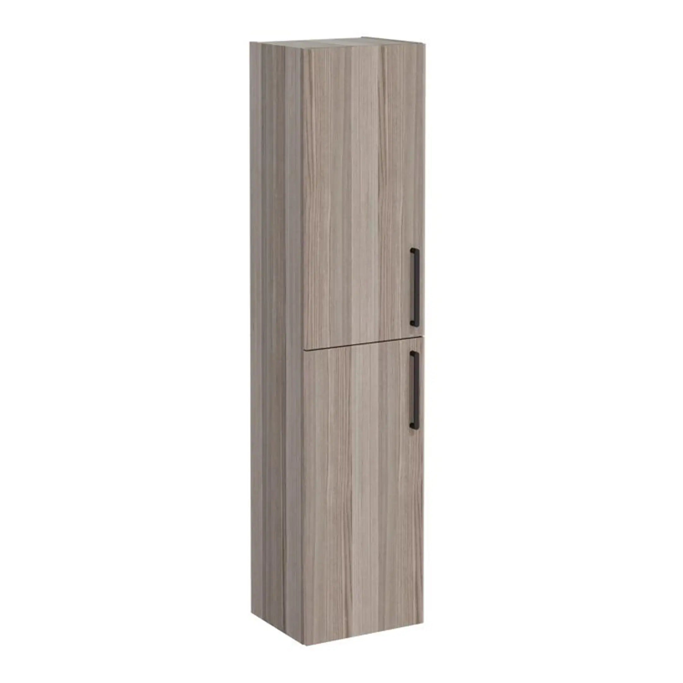 Sleek wooden bathroom storage cabinet with black handles, ideal for modern bathroom organisation and space saving.