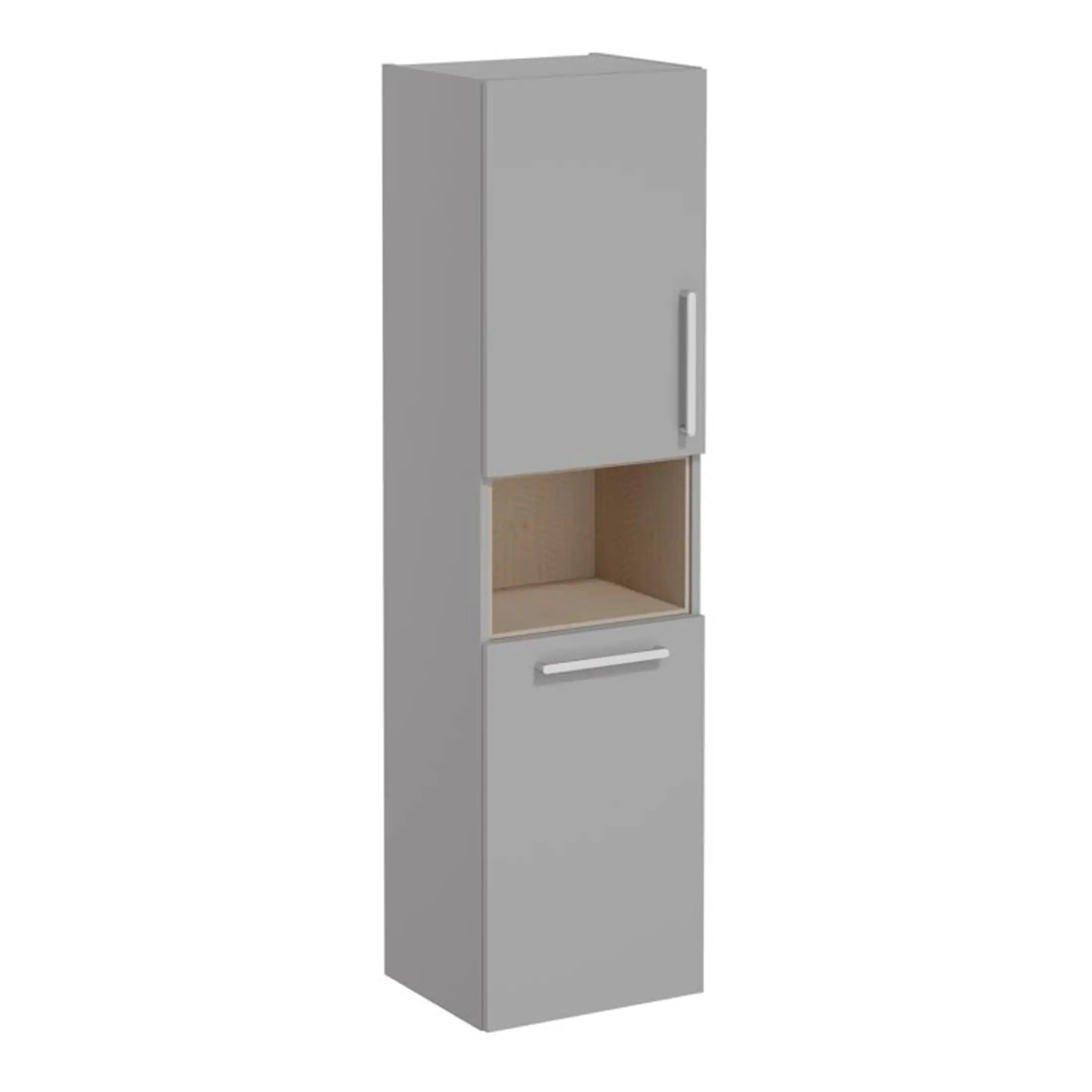 Contemporary grey bathroom storage cabinet with upper and lower compartments, featuring a minimalist design and sleek handles, perfect for modern bathroom organisation.