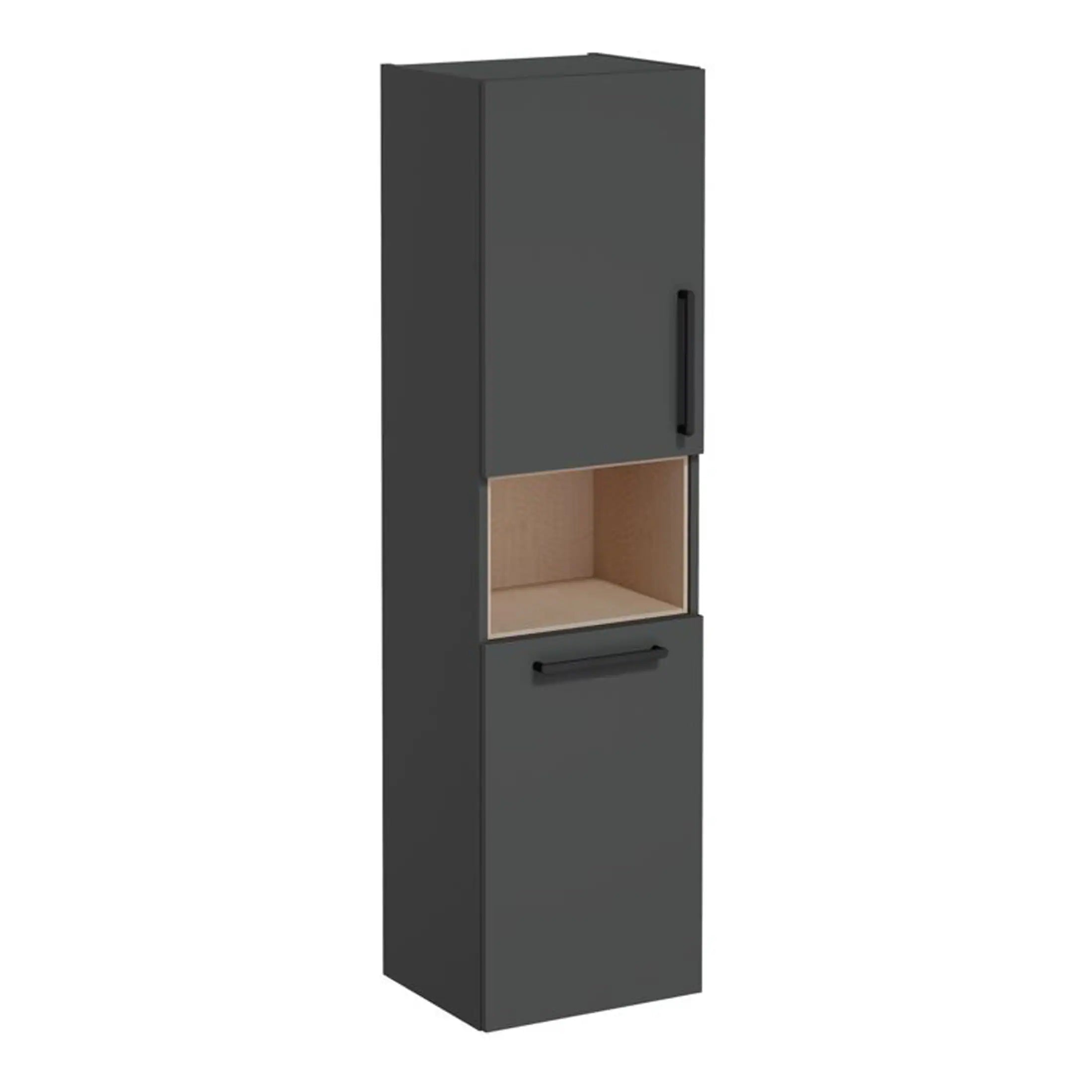 Grey bathroom storage cabinet with open shelf and sleek black handles - modern bathroom furniture for organised bathroom storage solutions.