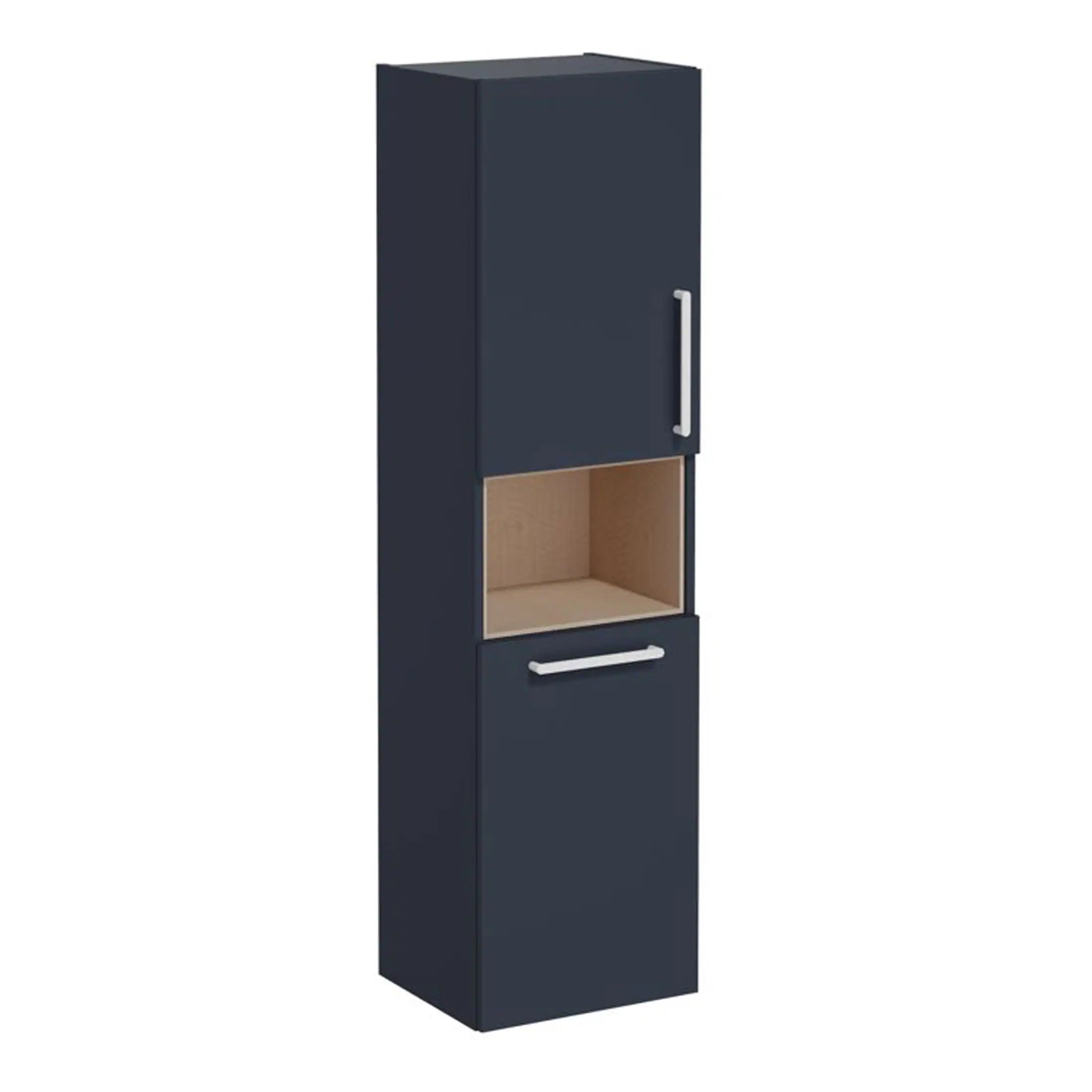 Sleek navy blue bathroom storage cabinet with open shelving, modern handles, ideal for organising toiletries and bathroom essentials. Stylish and functional design from Bubly Bathrooms.