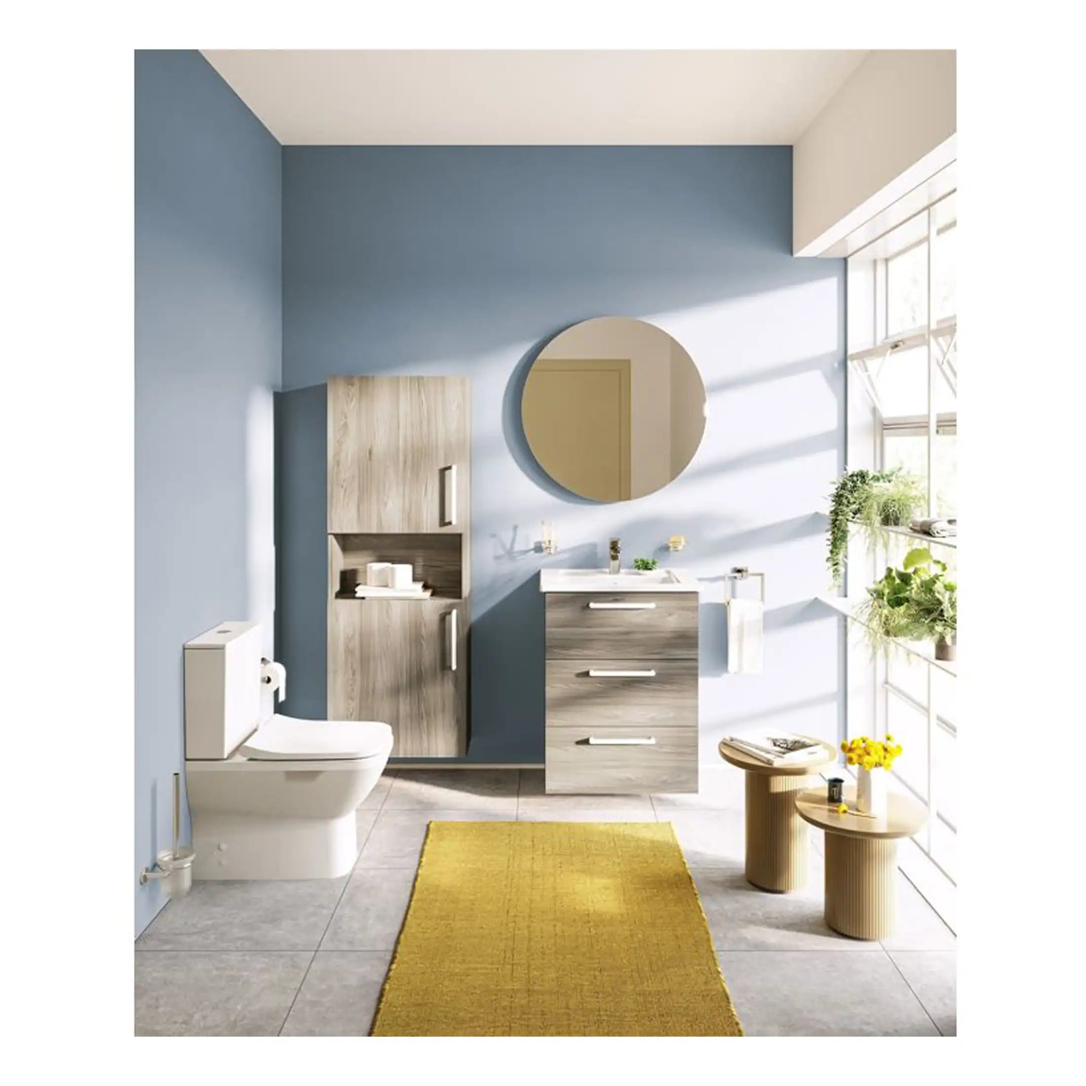 Bright modern bathroom with blue walls, wooden cabinetry, large mirror, and natural sunlight, showcasing stylish bathroom fixtures and a minimalistic design.