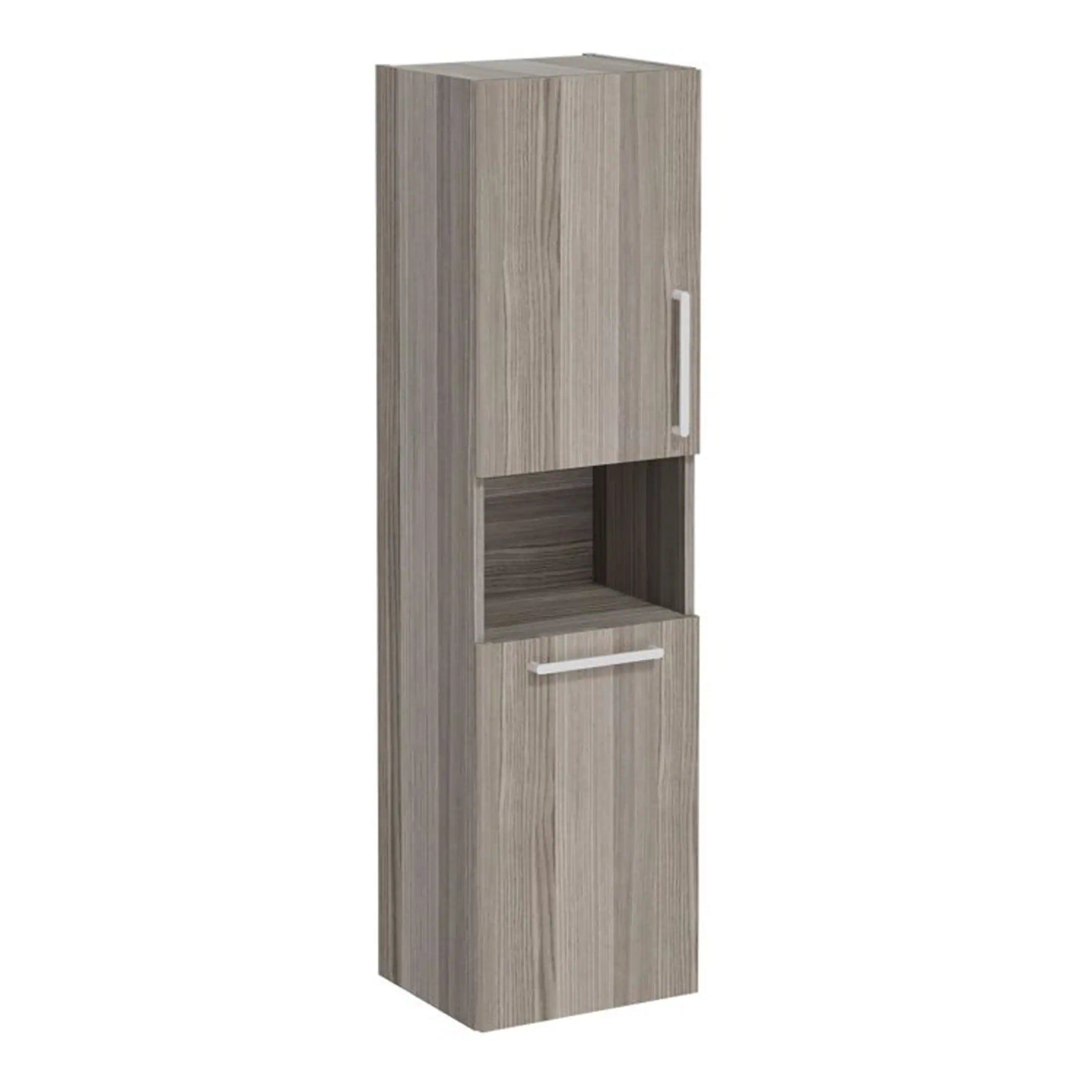 Natural oak bathroom tall cabinet with storage shelves and doors, ideal for organising bathroom essentials and creating a modern, functional space.