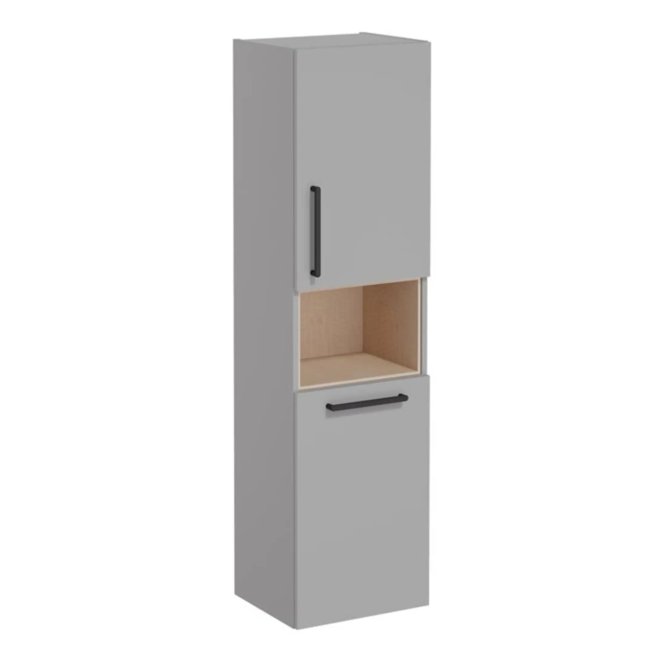 Sleek tall bathroom storage cabinet in grey with black handles, featuring open shelving for towels and toiletries, perfect for modern bathrooms.