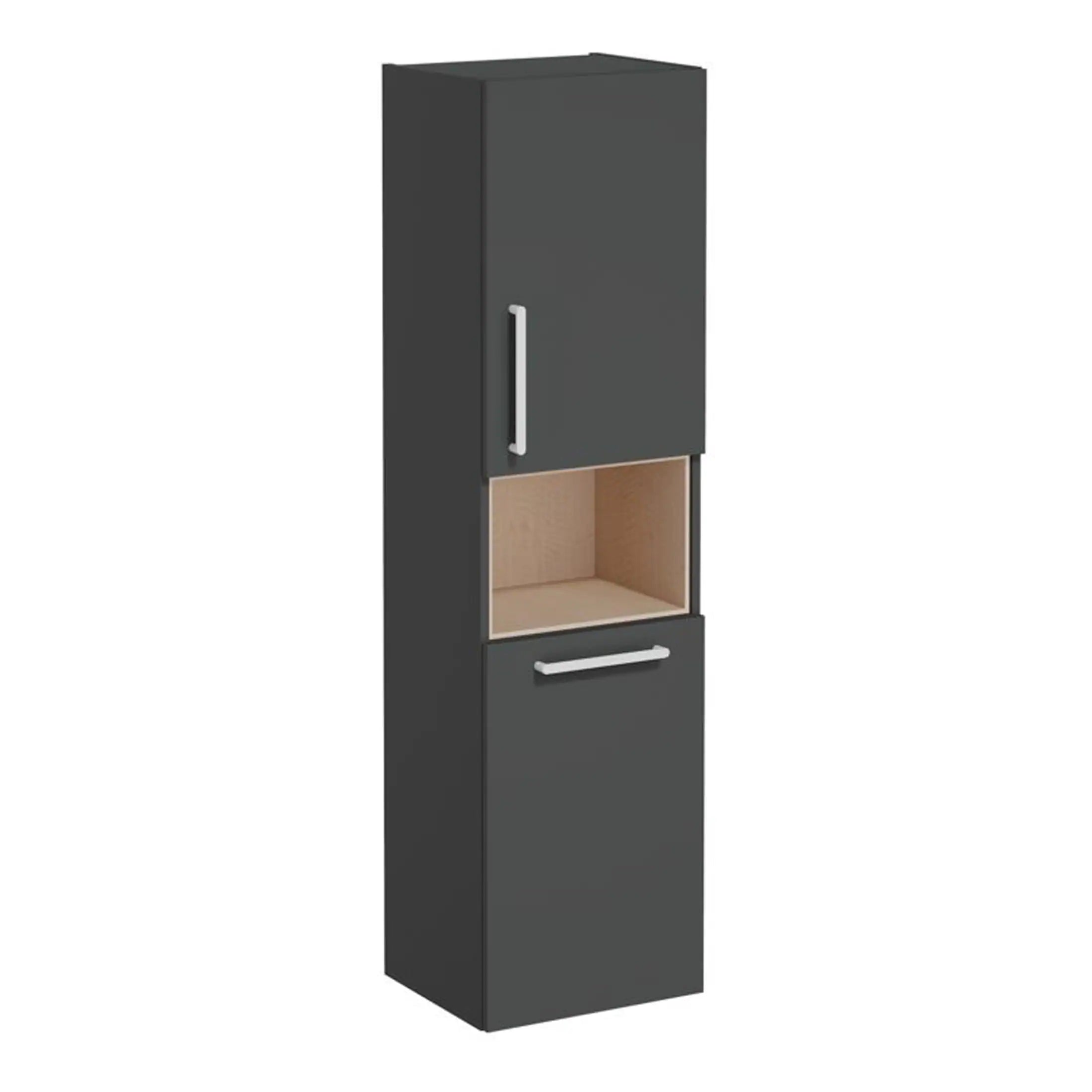 Sleek black bathroom storage cabinet with open shelving and modern silver handles, perfect for organising toiletries and essentials in contemporary bathrooms.