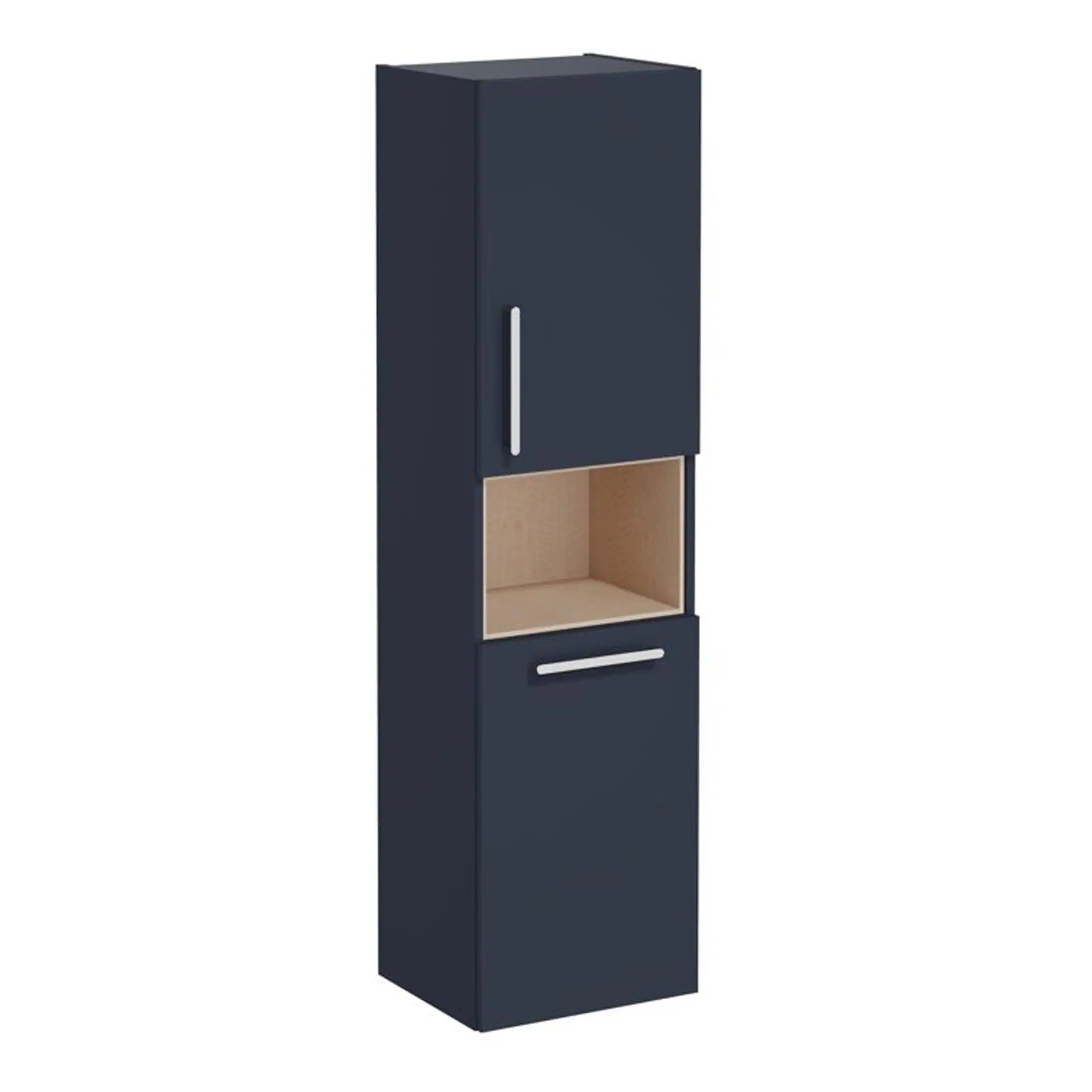 Modern navy blue bathroom storage cabinet with open shelf and sleek silver handles, ideal for contemporary bathroom organisation and space-saving solutions.