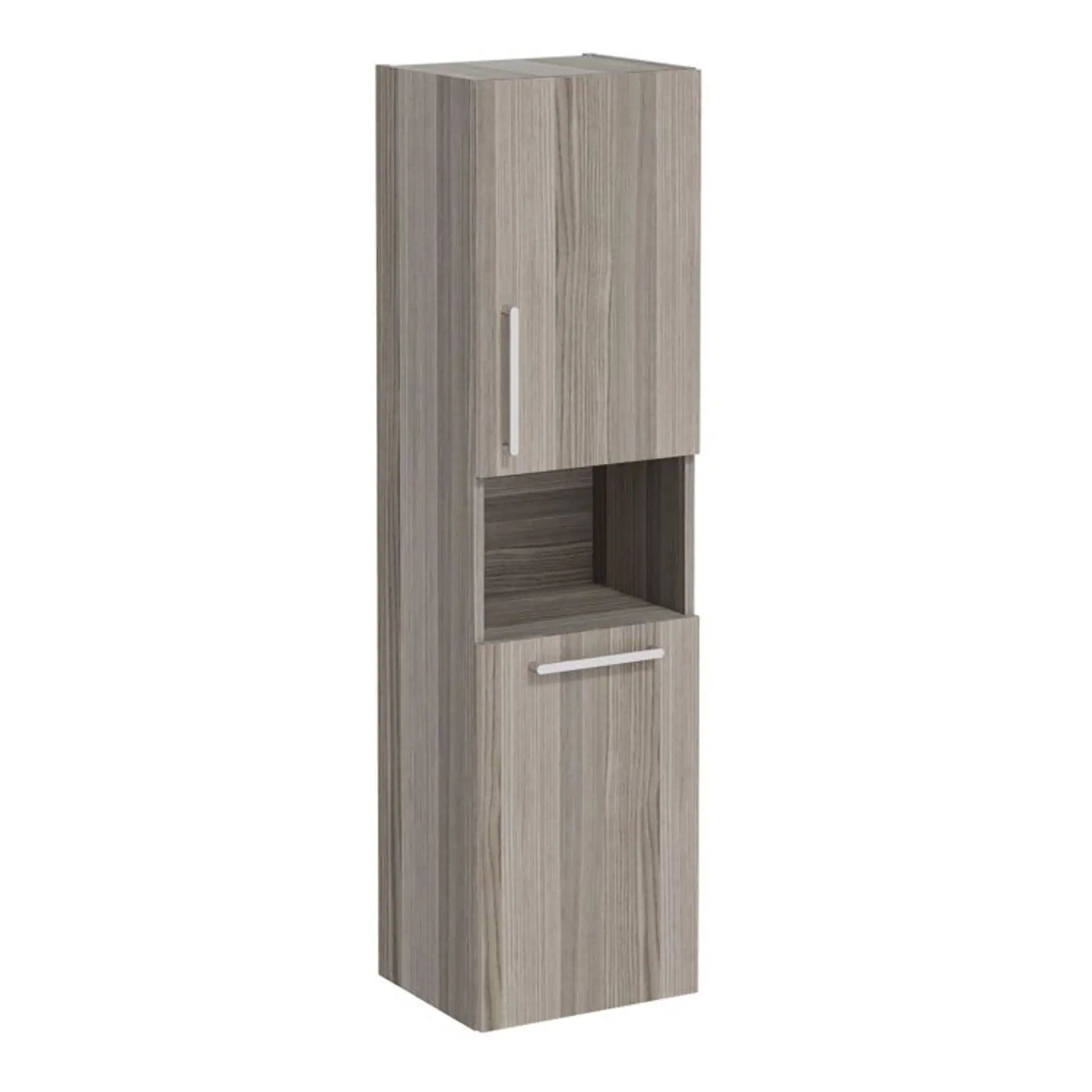 Sleek modern bathroom storage cabinet in light wood finish with open shelf and minimalist handles, perfect for organising toiletries and bathroom essentials.