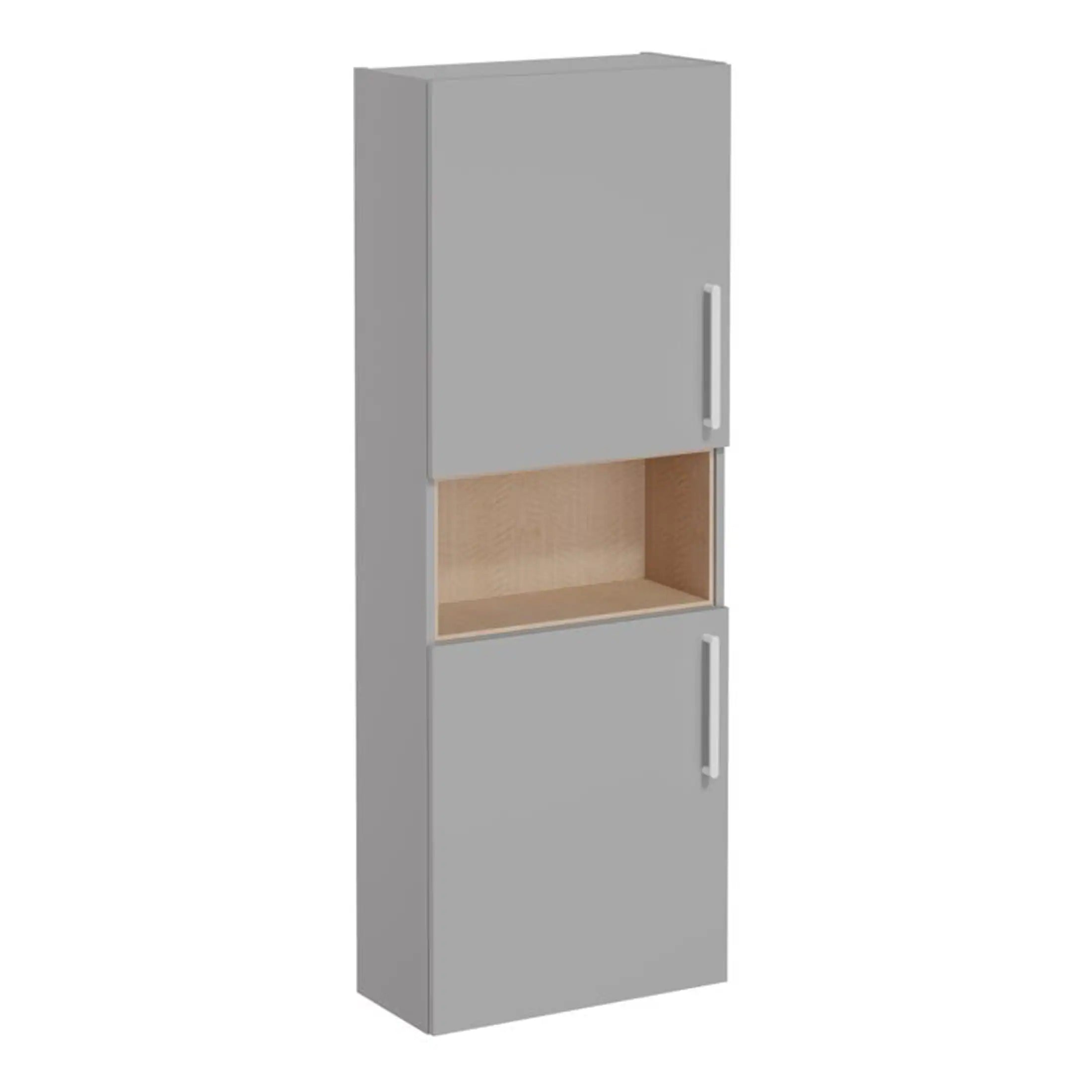 Stylish grey bathroom storage cabinet with open shelf for towels or accessories, dual doors with handles, perfect for modern bathrooms and enhancing organisation.