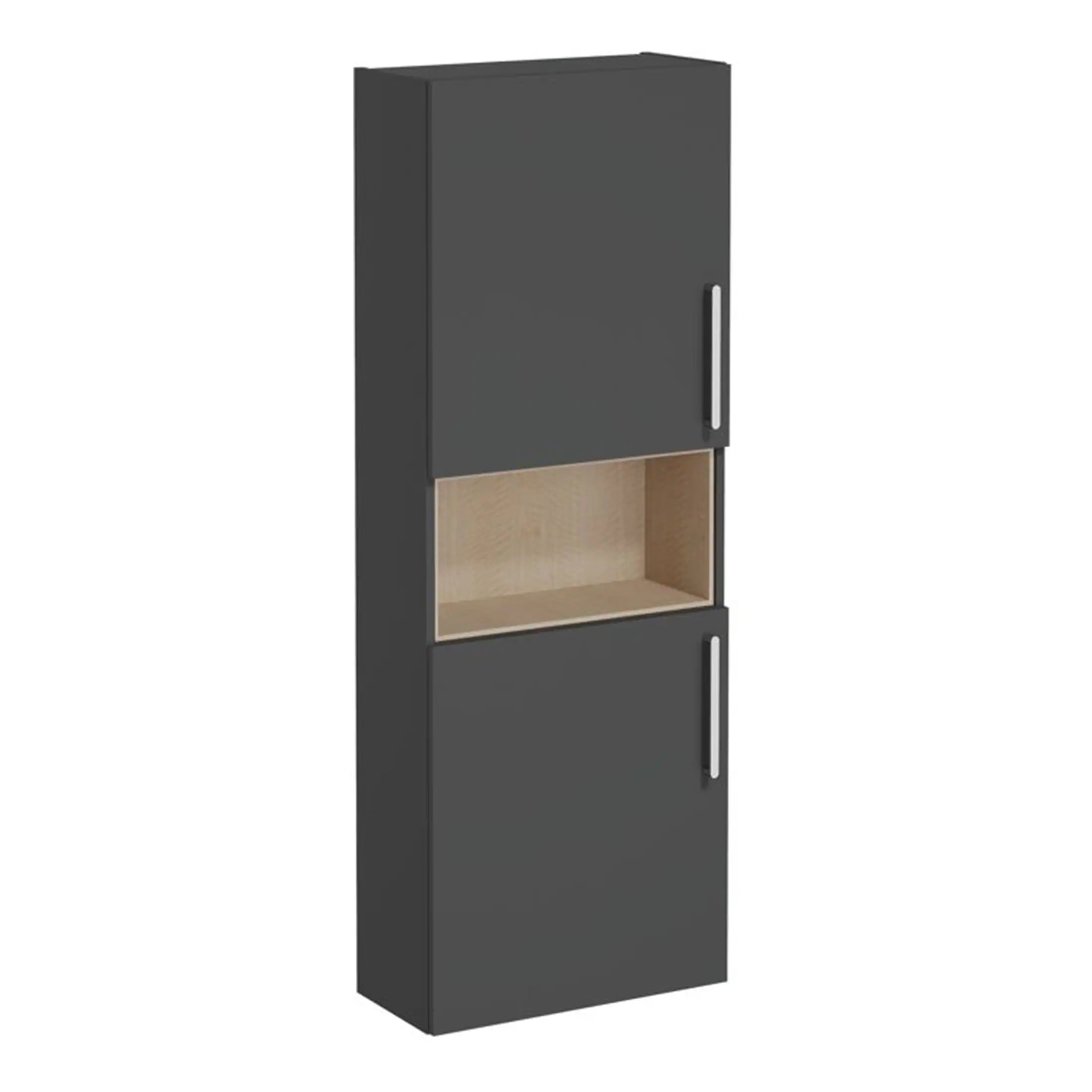 Sleek black bathroom storage cabinet with wooden open shelf, modern design, ideal for organising bathroom essentials and enhancing bathroom decor. Perfect for contemporary bathroom interiors.
