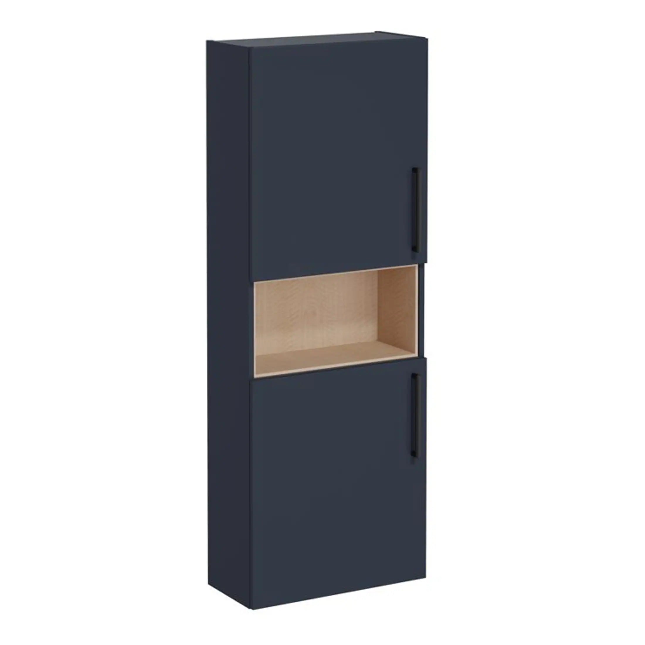 Black and natural wood bathroom storage cabinet for modern Bubly bathrooms. Sleek design with open shelving and concealed storage, ideal for organising toiletries in stylish bathrooms.
