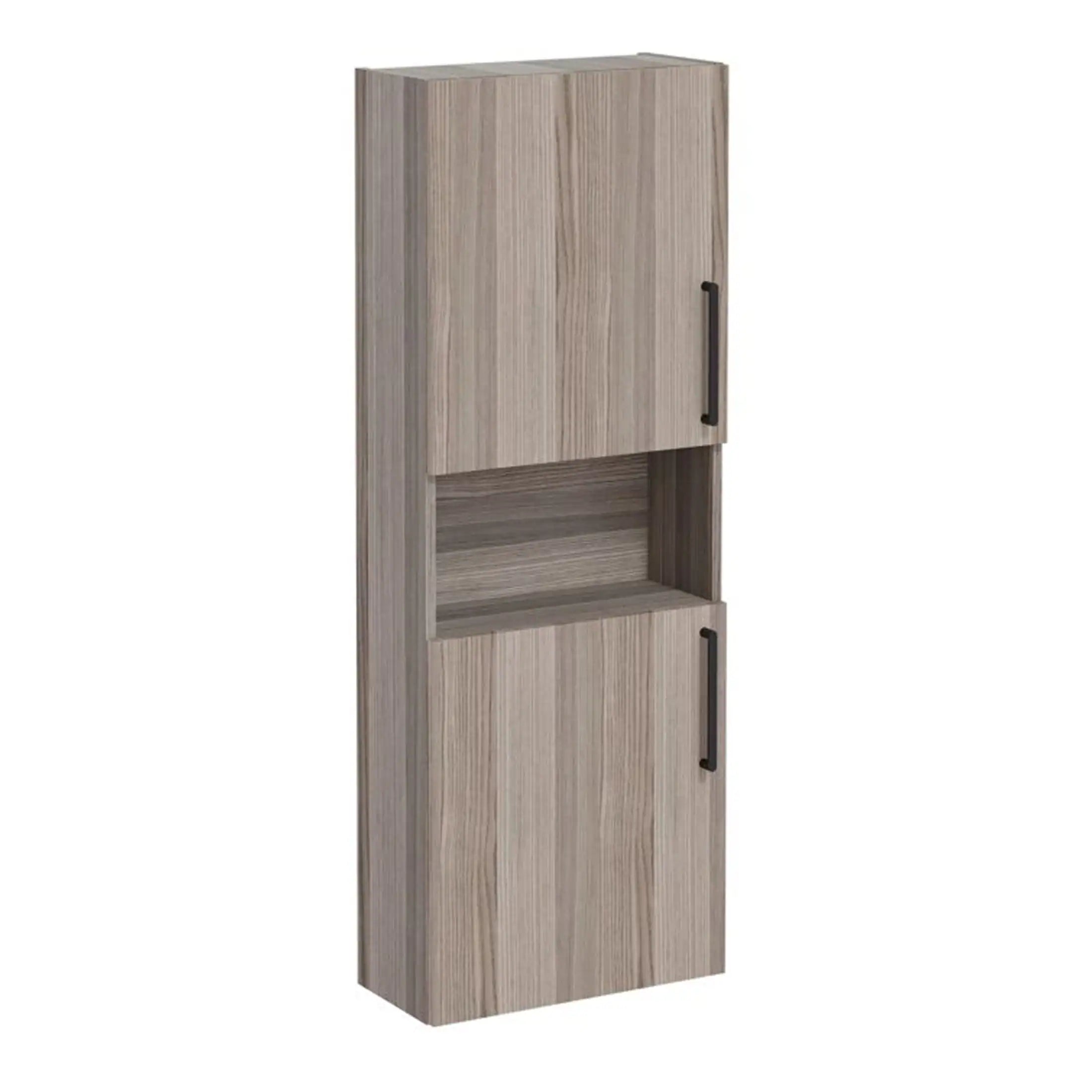 Sleek modern bathroom storage cabinet in light wood finish with black handles, providing practical space for bathroom essentials and enhancing bathroom décor.