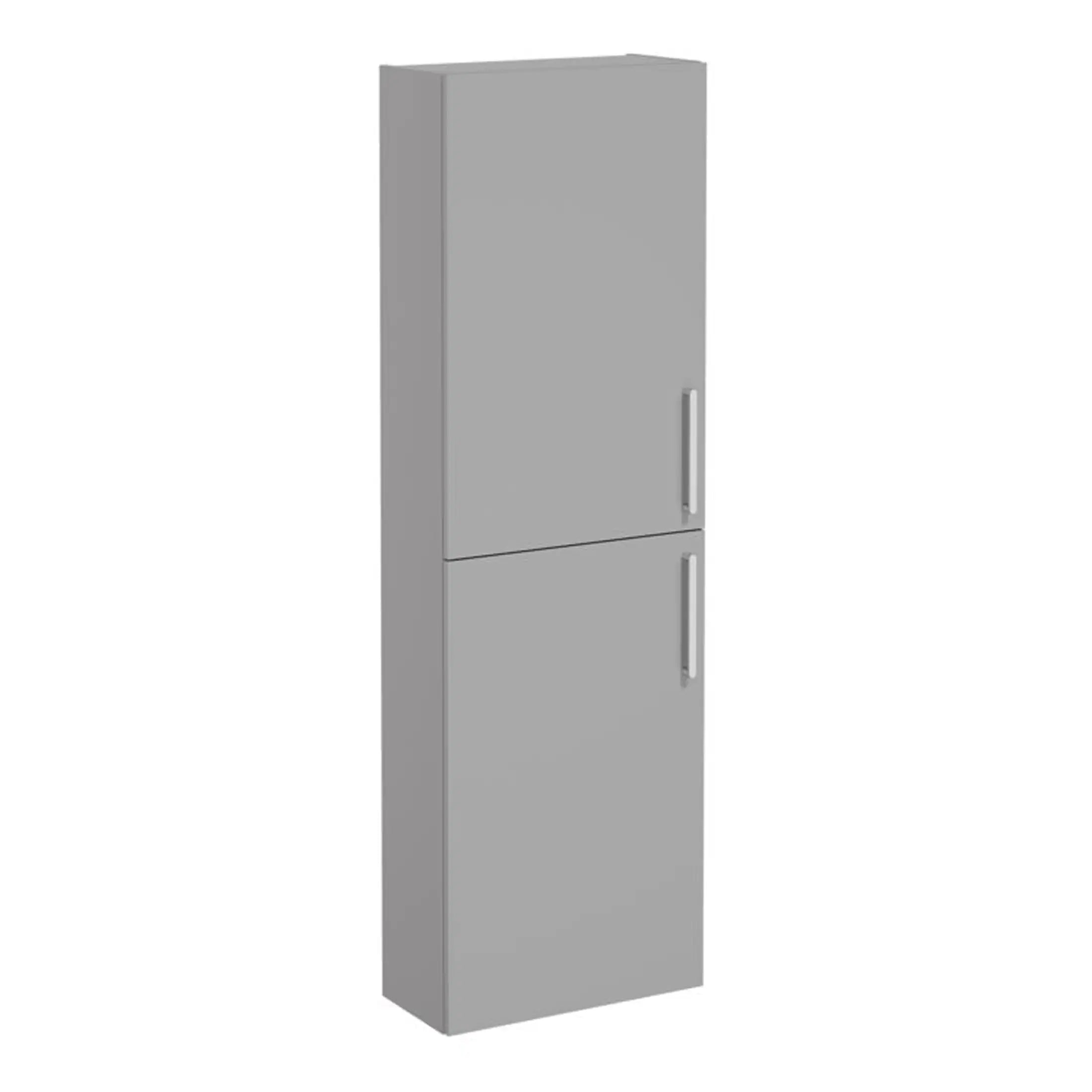Modern grey bathroom storage cabinet with sleek handles, ideal for organising toiletries and cleaning supplies in contemporary bathroom spaces.