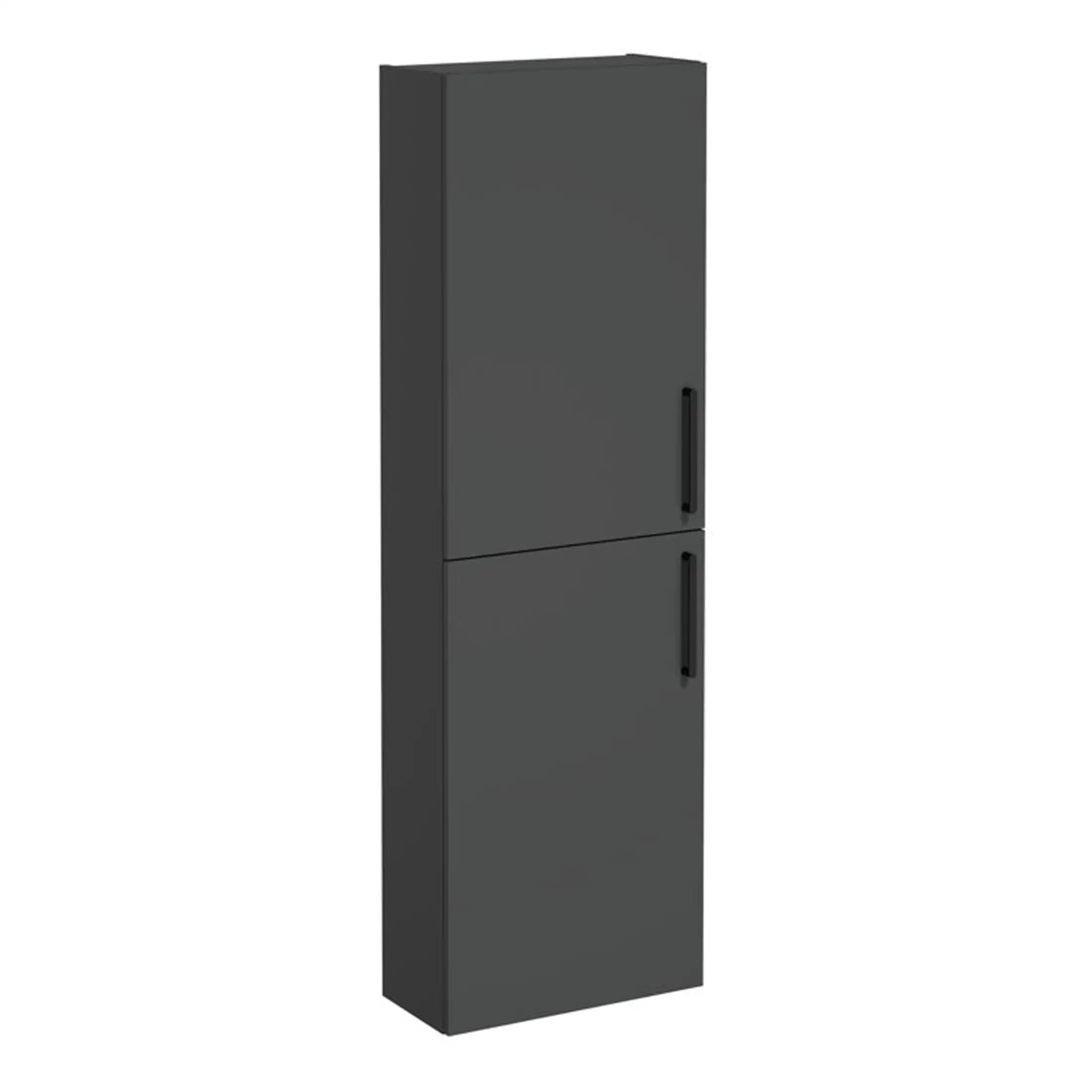 Sleek dark grey bathroom storage cabinet with double doors, modern design, durable material, ideal for organising toiletries and towels in contemporary bathrooms.