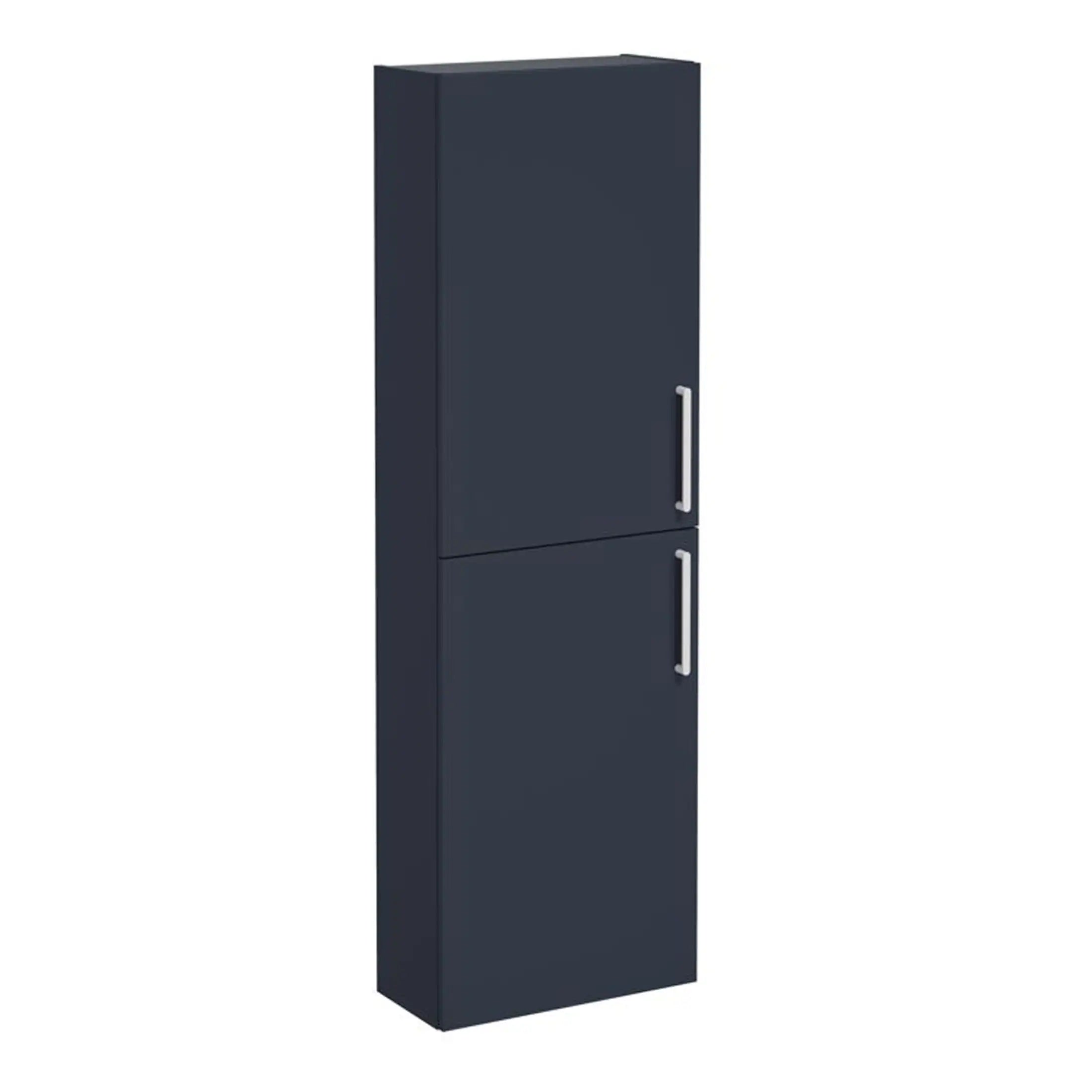 Black bathroom storage cabinet with double doors and sleek silver handles, ideal for organising bathroom essentials and enhancing bathroom decor.