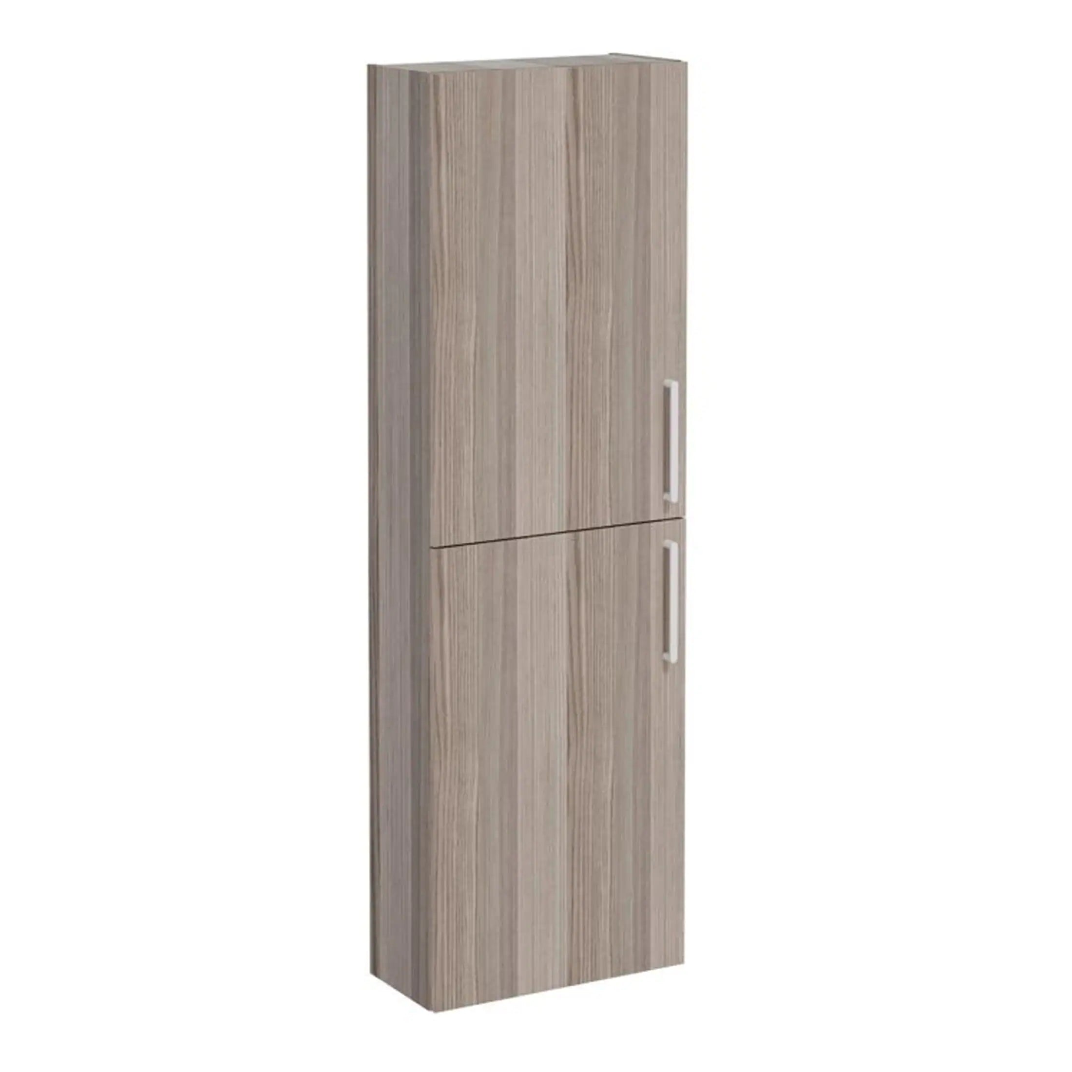 Stylish beige wood-effect bathroom tall storage cabinet with sleek white handles, ideal for organising toiletries and bathroom essentials. Perfect storage solution for modern bathrooms.