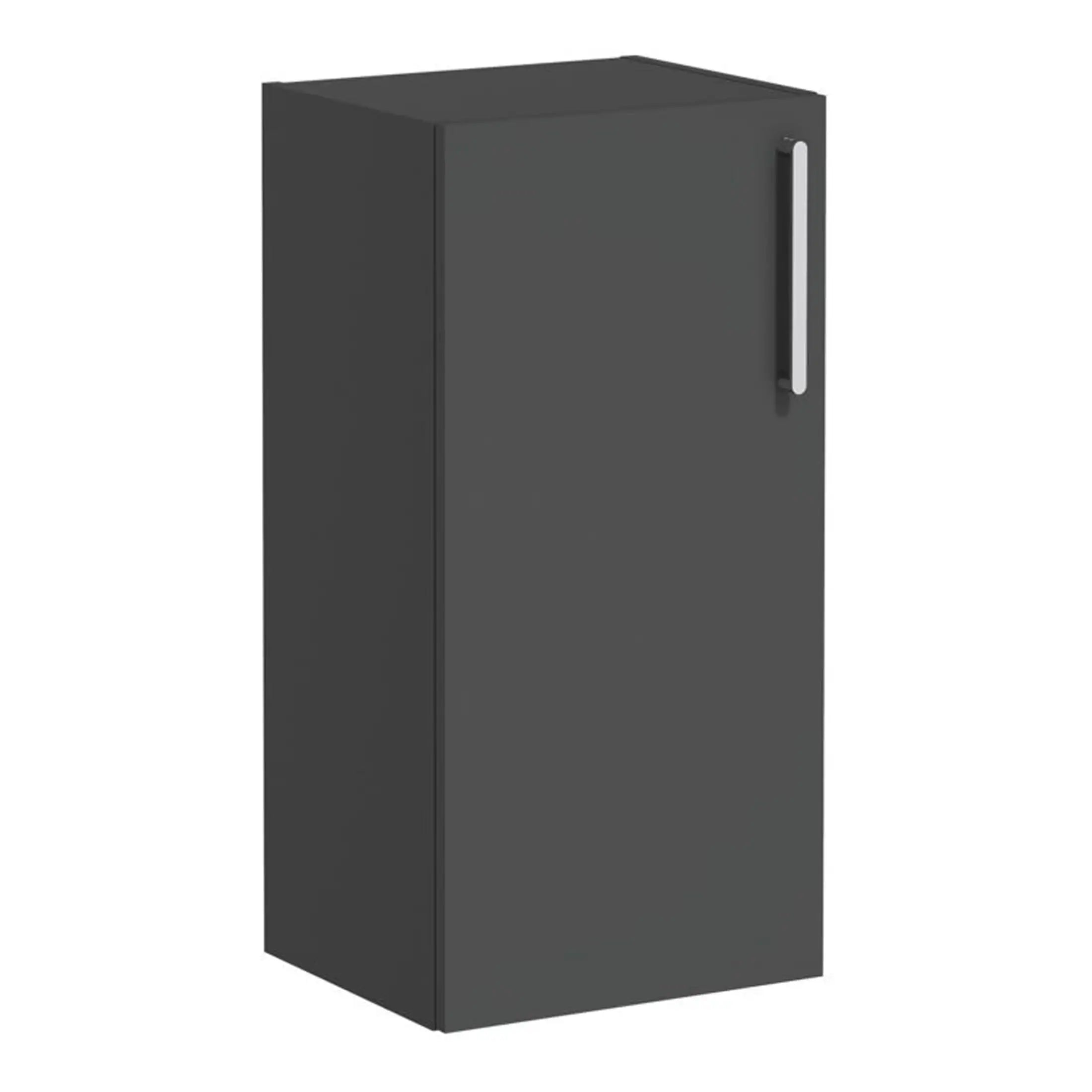 High gloss dark grey bathroom cabinet with sleek vertical handle, modern storage solution for contemporary bathrooms, from Bubly Bathrooms UK.