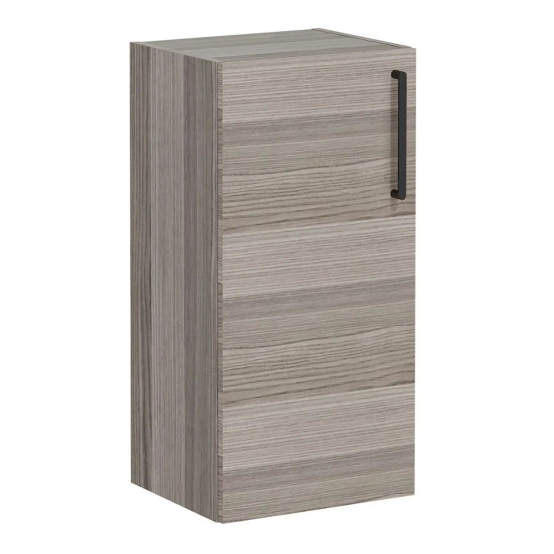 Sleek beige wood-effect bathroom storage cabinet with black handle, ideal for modern bathrooms, providing ample space for toiletries and accessories.