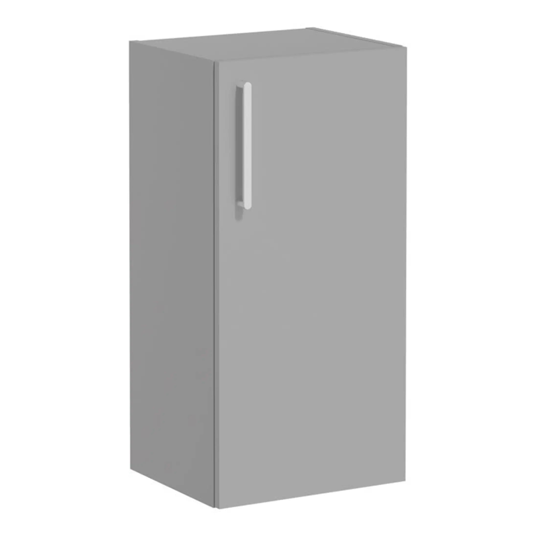 Modern grey bathroom storage cabinet with sleek handle ideal for bathroom organisation and decor.