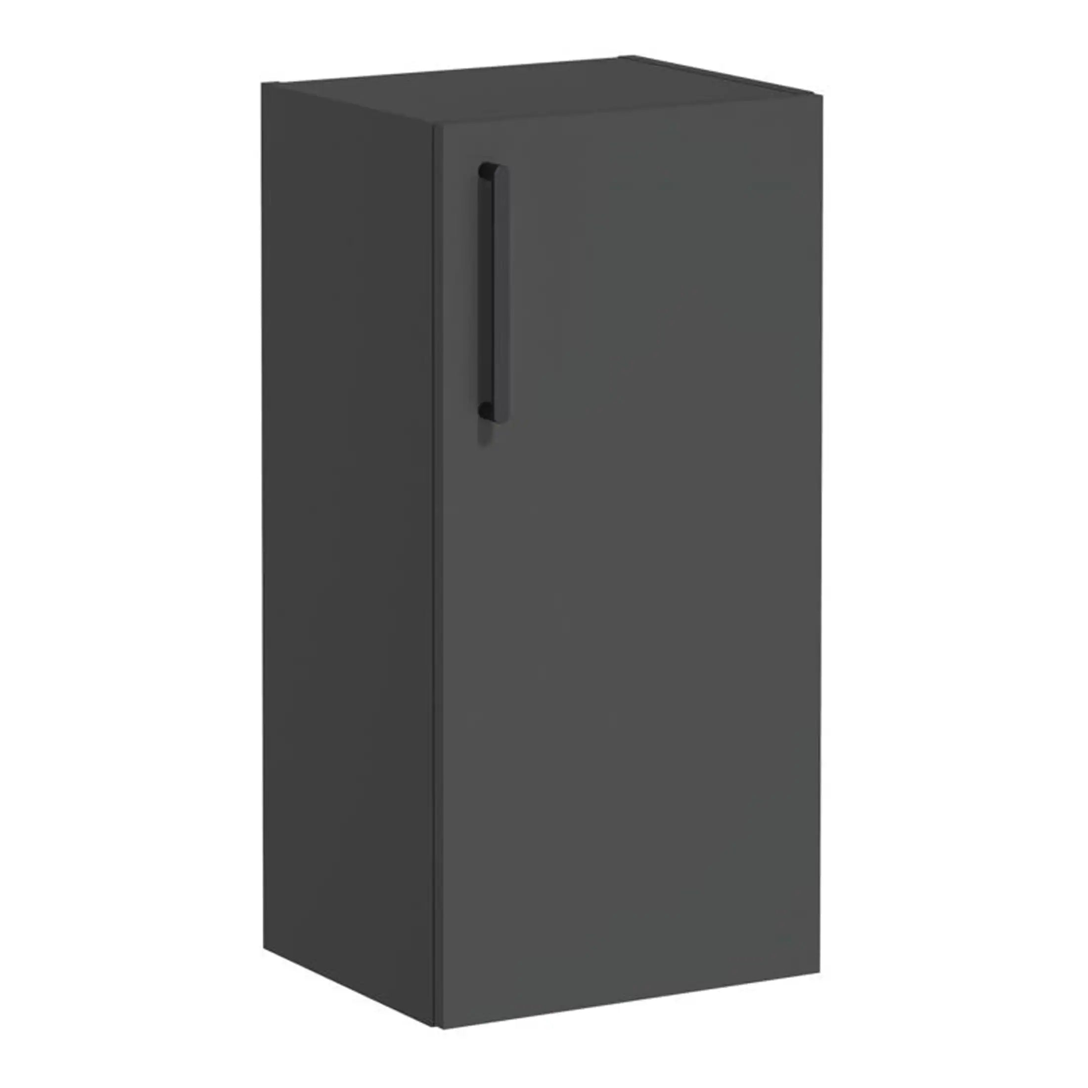 High-quality matte black bathroom cabinet with sleek vertical handle, ideal for modern bathroom storage solutions. Durable and stylish for a contemporary bathroom interior.