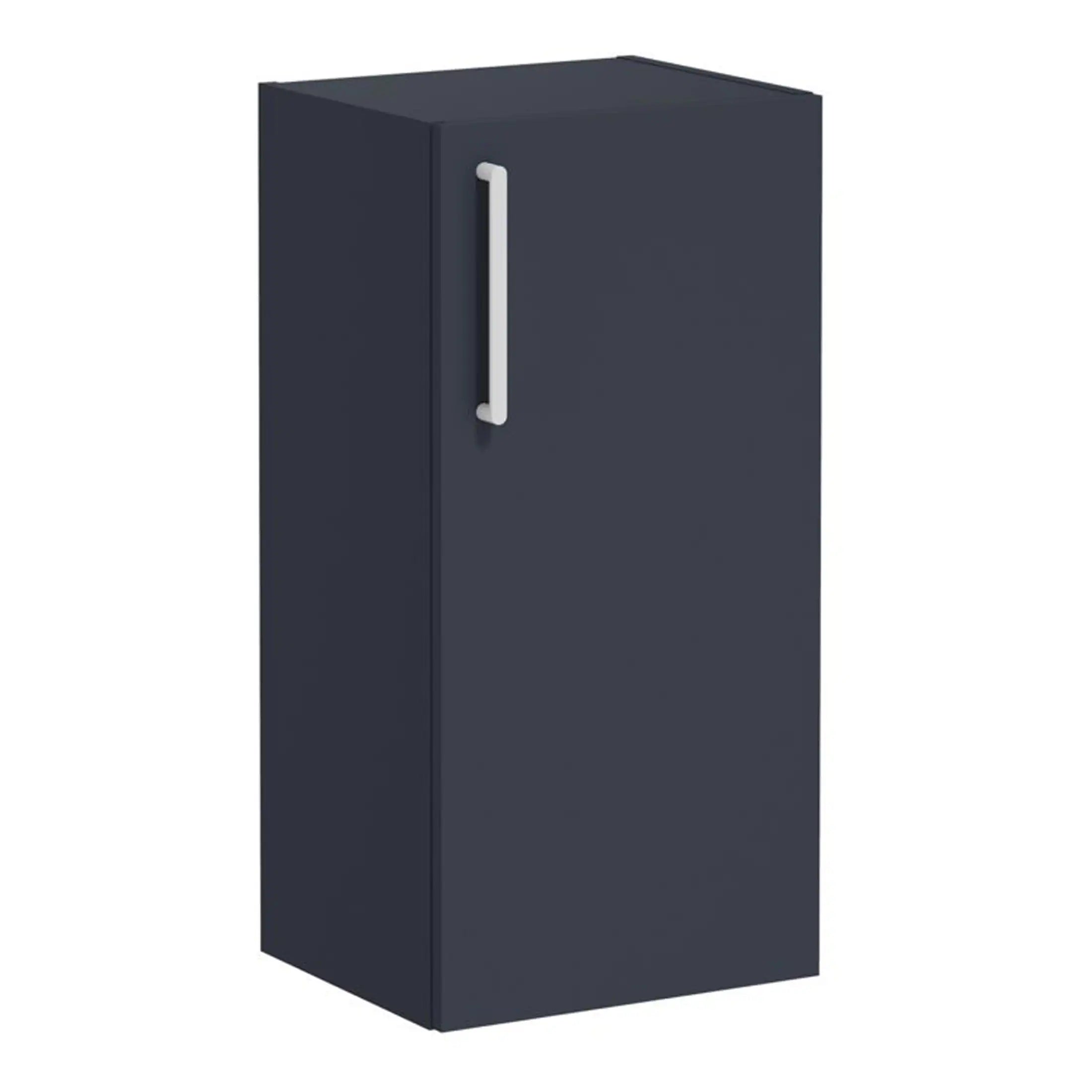 Black bathroom storage cabinet with sleek silver handle, ideal for modern bathroom organisation and space-saving solutions.