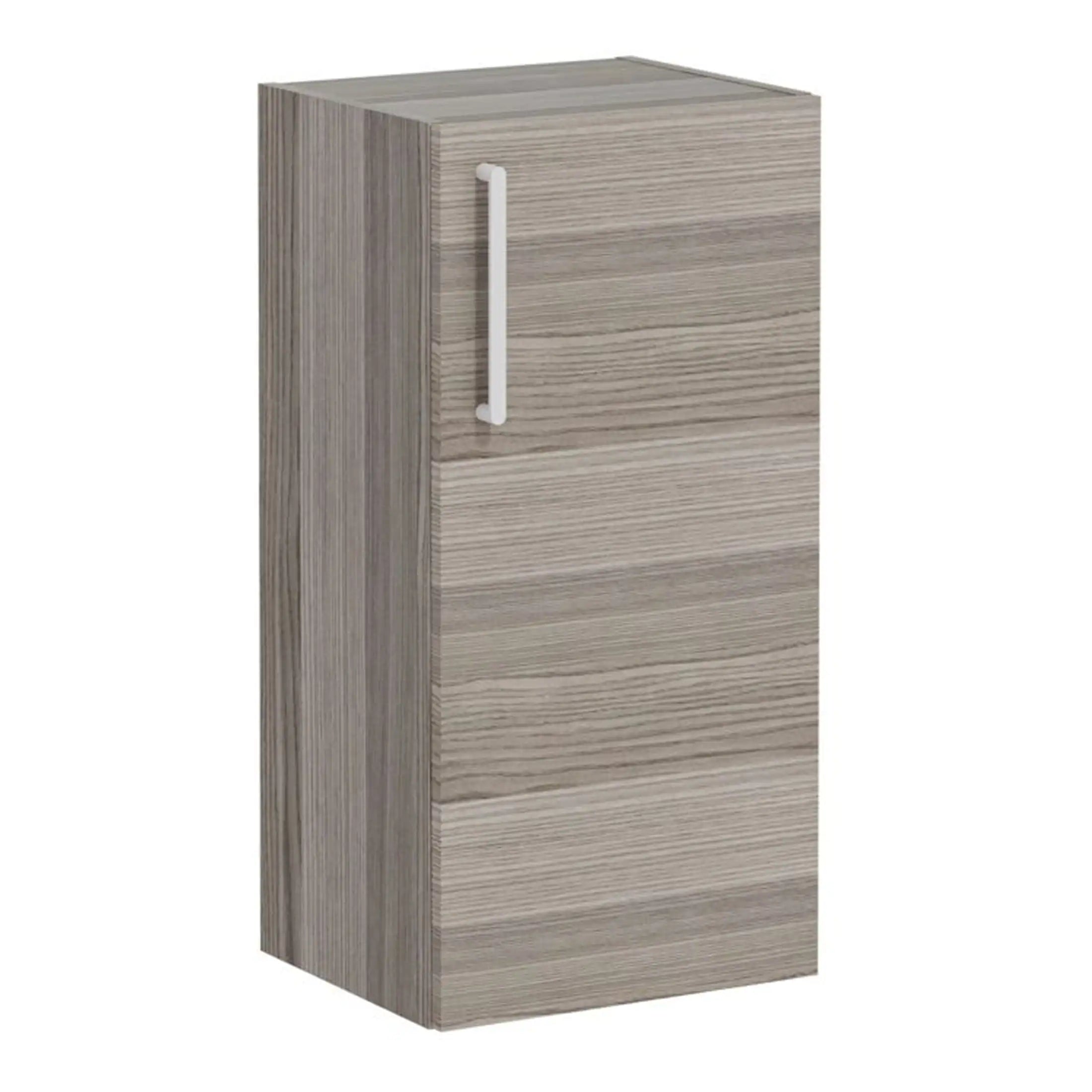 Modern wooden bathroom cabinet with a sleek white handle, ideal for stylish and functional storage solutions in contemporary bathrooms.