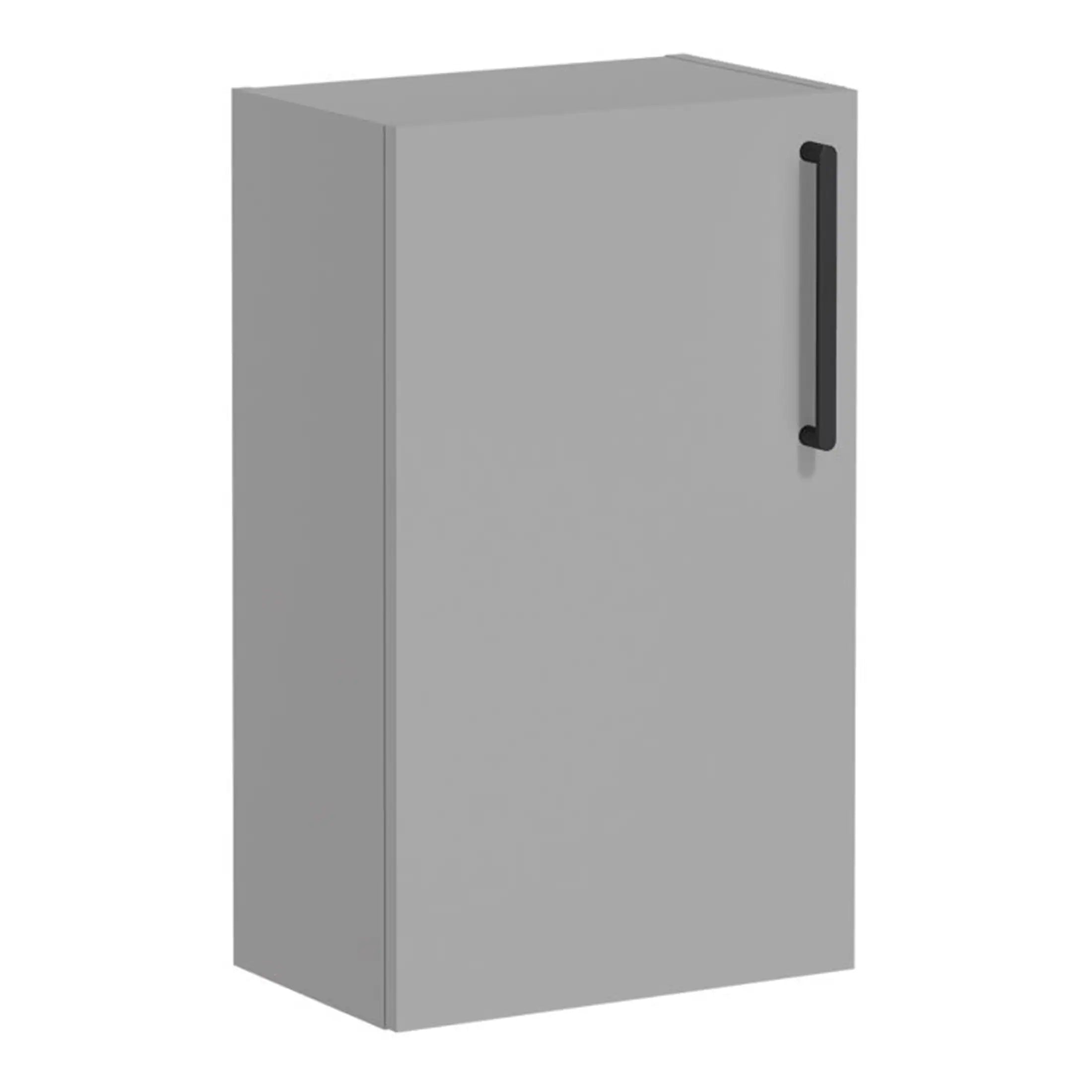 High-quality grey bathroom storage cabinet from Bubly Bathrooms with a sleek black handle, ideal for modern bathroom organisation and space optimisation.