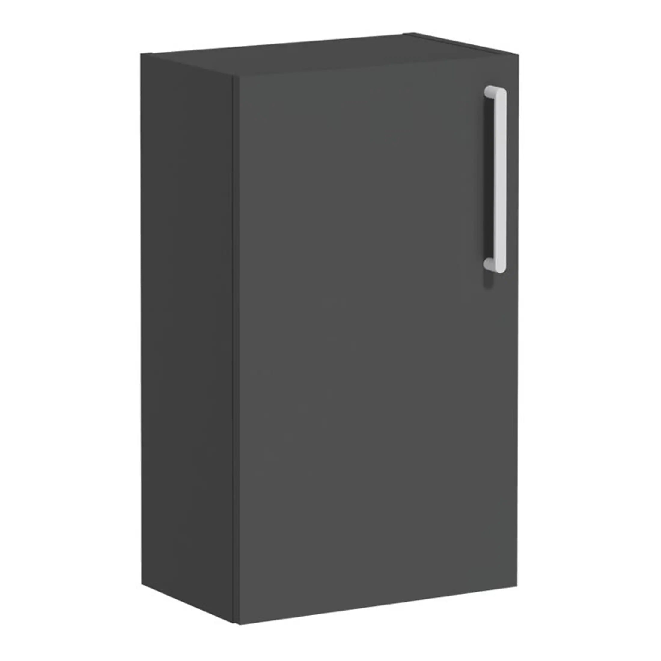 Modern grey bathroom storage cabinet with a sleek design and metal handle, ideal for bathroom organisation and space-saving solutions.