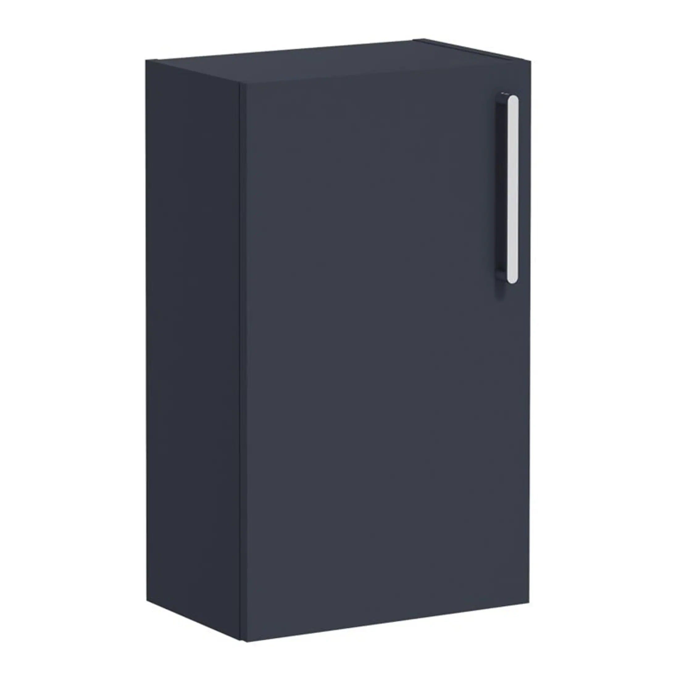 Dark navy bathroom storage cabinet with sleek silver handle, ideal for modern bathroom organisation and space-saving solutions.